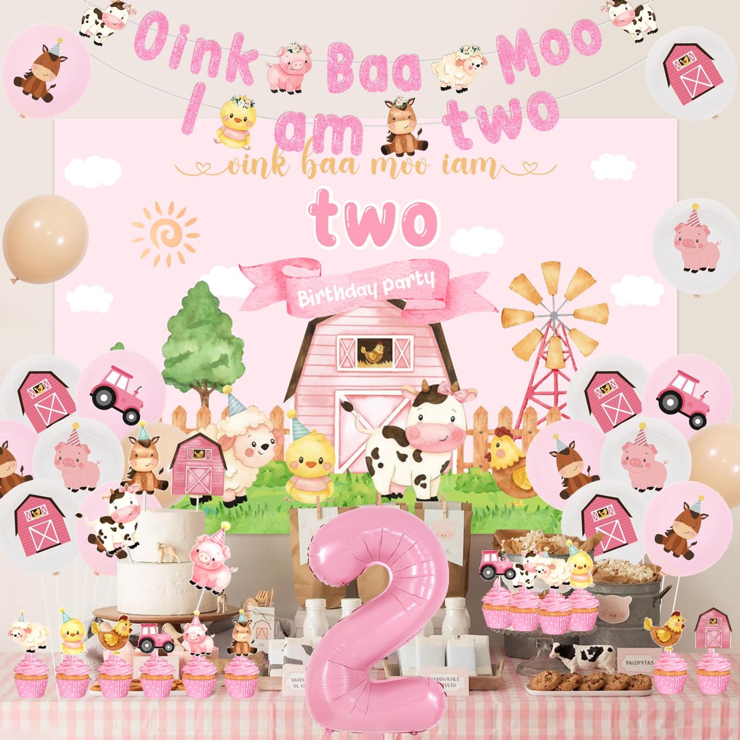 Farm 2nd Birthday Decorations for Girl - Oink Baa Moo Im Two Backdrop, Banner, Farm Animal Cake Topper, Cupcake Toppers, Balloons, Pink Farm Moo Moo I Am Two Barnyard Birthday Party Supplies
