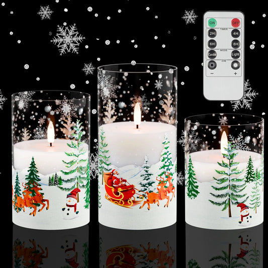 AFINETH Christmas Flameless Candles with Remote, Glass Santa Claus Battery Operated Candles, Real Wax Flickering LED Pliiar Candles for Xmas, Holiday, Home Decor, Set of 3
