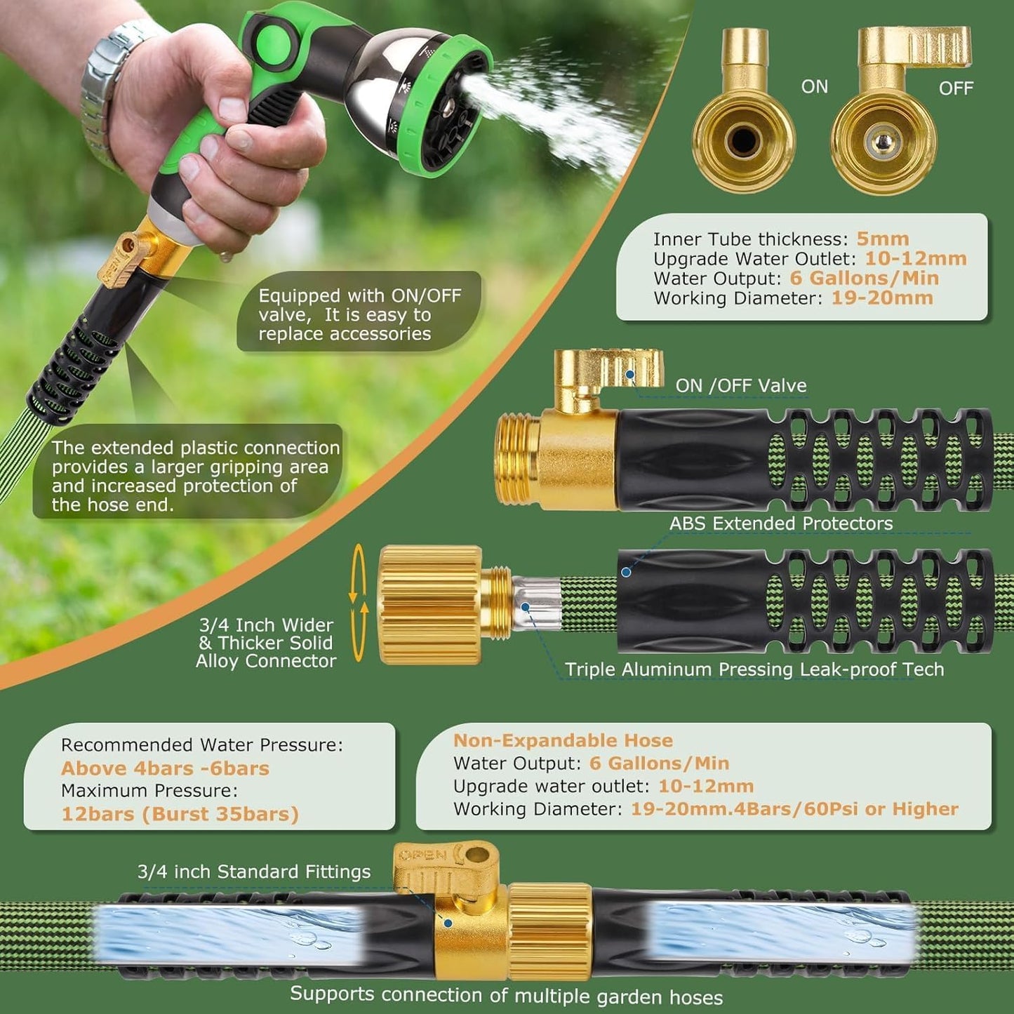 PALRORY Non-Expandable Garden Hose 100 ft, Ultra Lightweight Flexible Water Hose with 10-Pattern Nozzle, Leak-Proof, High-Density Fabric, Thickened Connector, Shut-Off Valve for Yard, Lawn, Outdoor