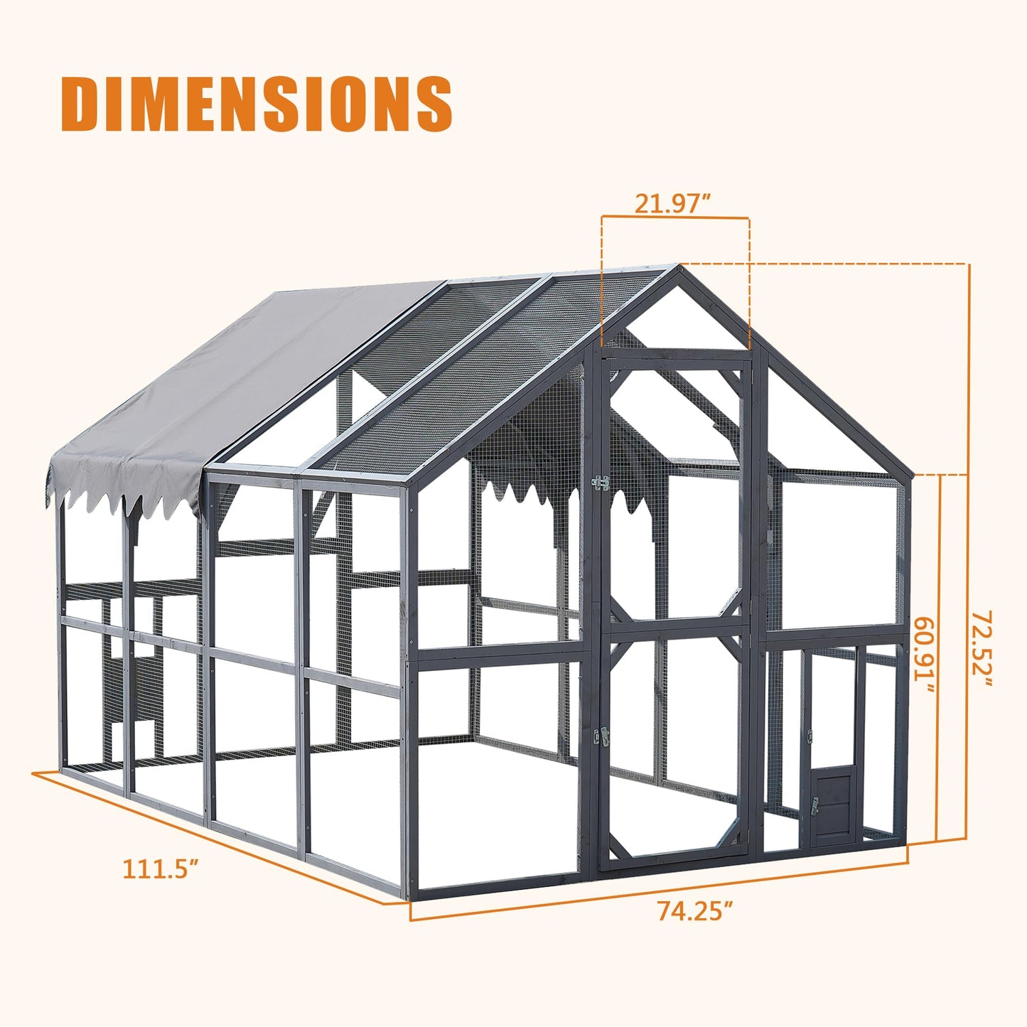 KEIKI Chicken Coop, 9.3 x 6.2 x 6 FT, Large Wooden Chicken Run with Waterproof Cover, Outdoor Walk-in Hen House, for Backyard Farm, Grey