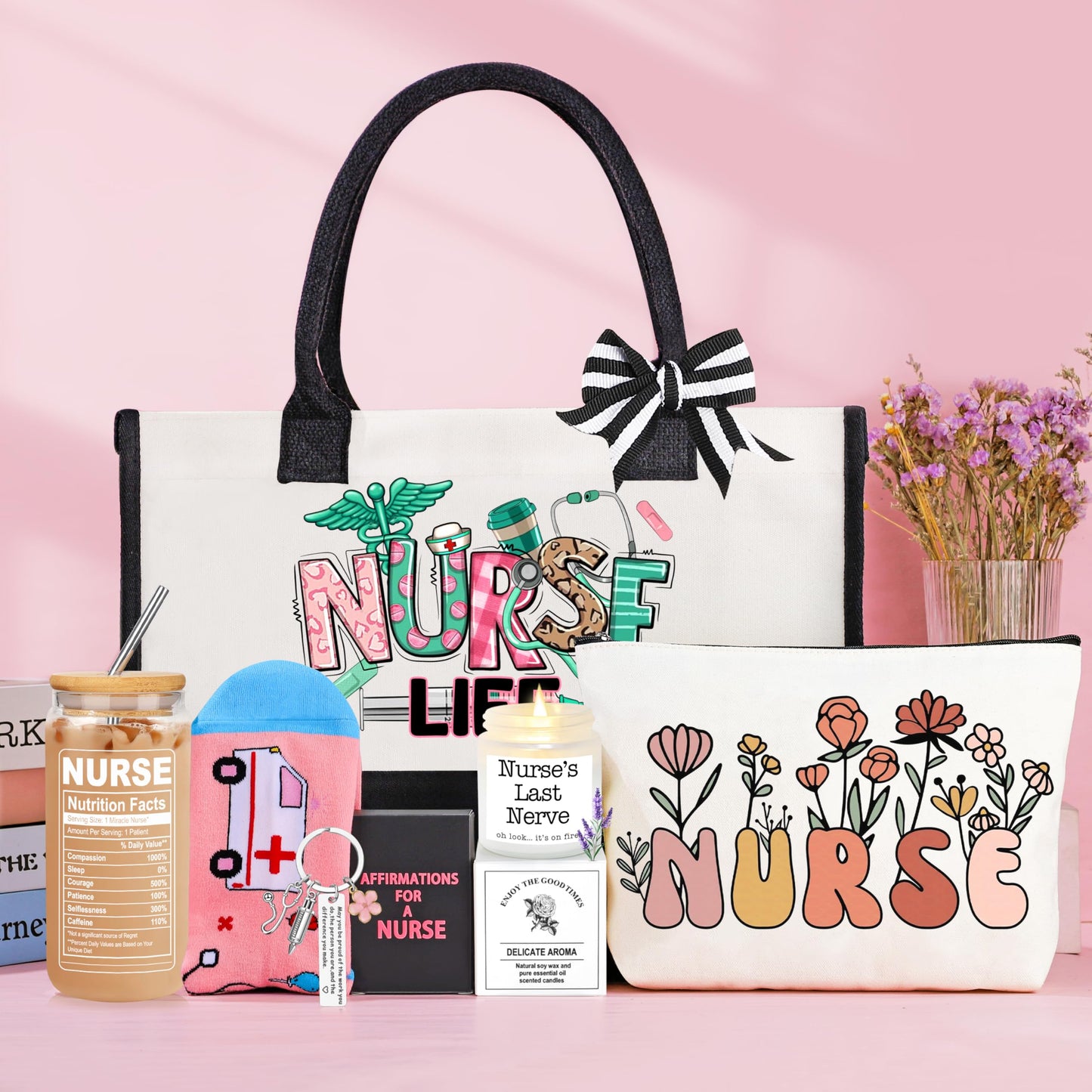 DOGMEM Nurse Gifts Nurse Appreciation Gift Set for Women Birthday Gift for Nurses Week Nurses Graduation Gifts for Her, Nursing Student with Canvas Bag Socks Affirmations Cards 16 Oz Can Glass