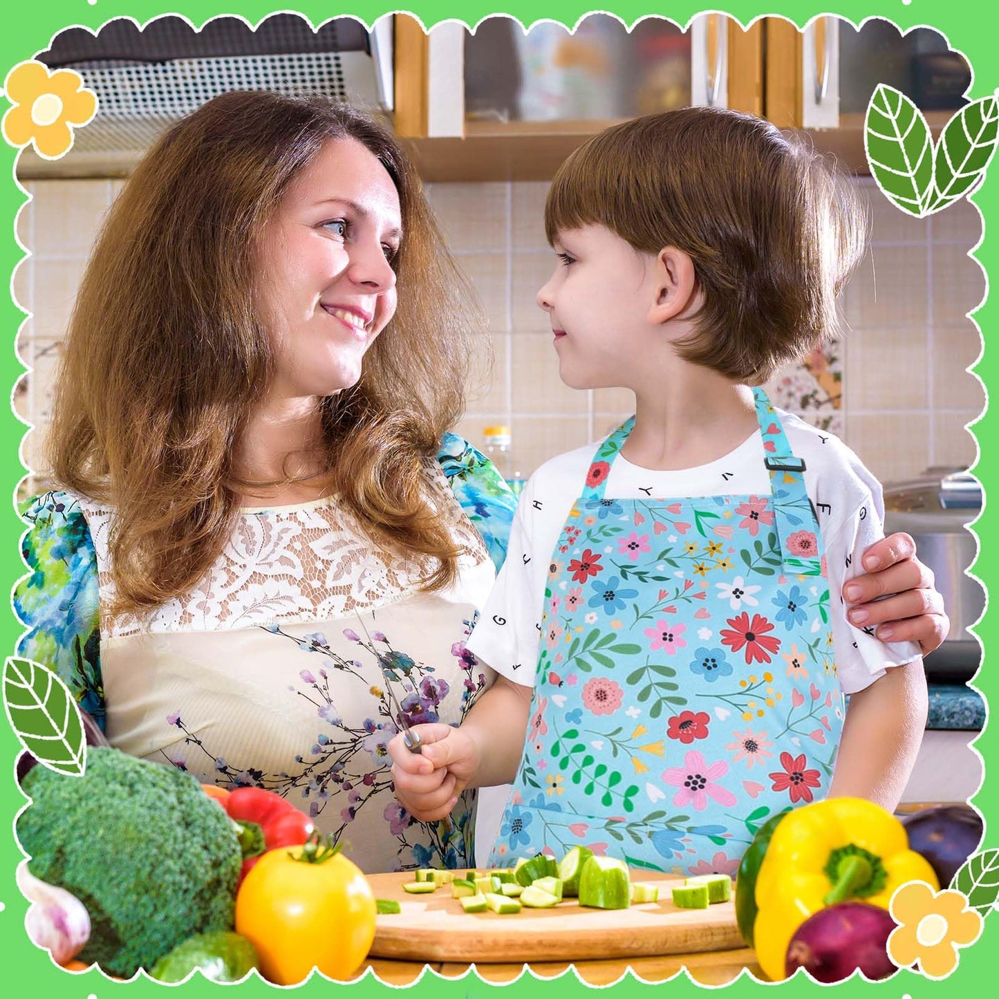 XLSXEXCL 2 Pack Kids Apron, Cute Floral Aprons, kids Aprons for Cooking Waterproof Art Apron with Pockets, Toddler Painting Artist Apron Adjustable for Boys and Girls for Painting Cooking Baking