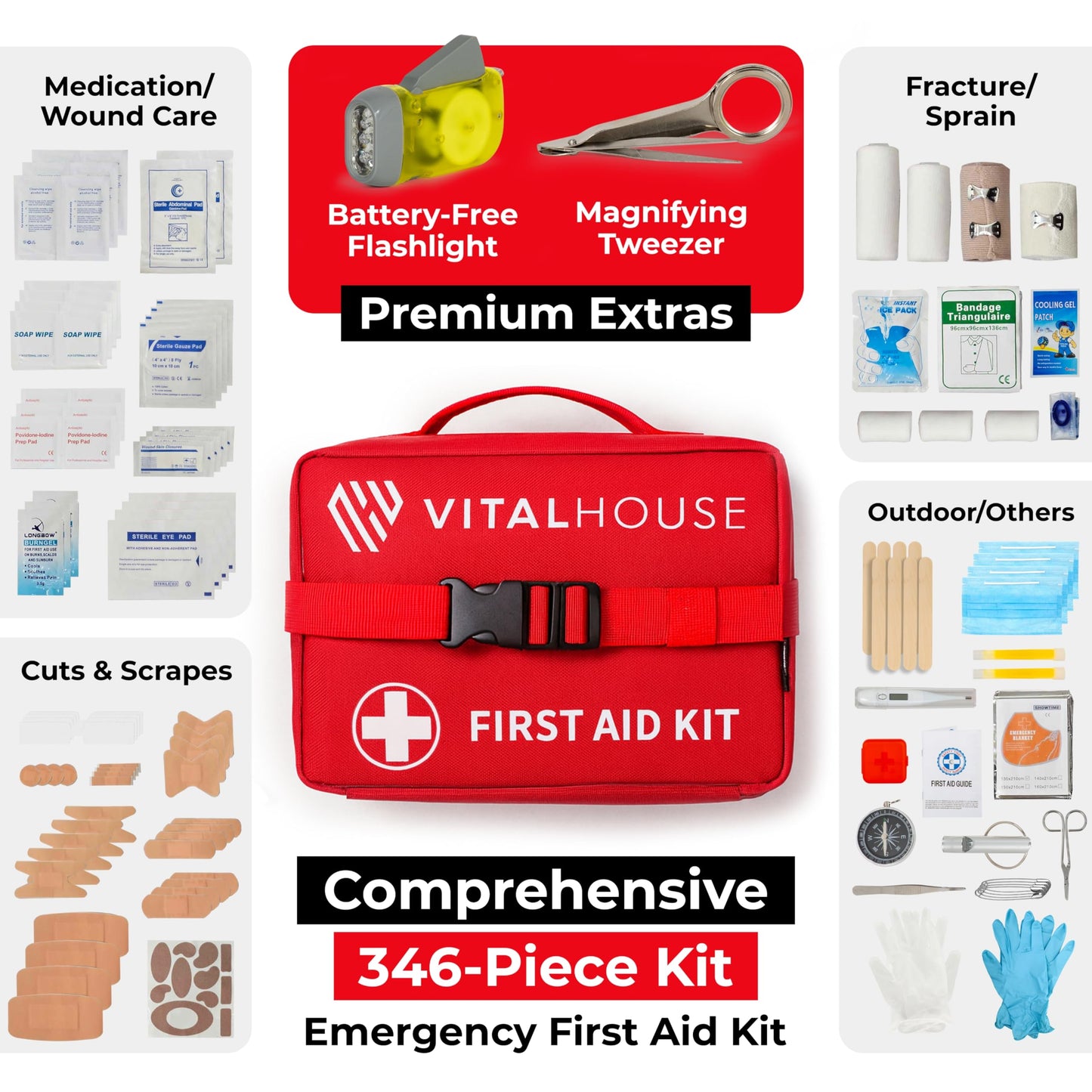 First Aid Kit 346 Piece with Tourniquet | Vital House Physician-Designed Emergency & Trauma Supplies for Home, Car, Travel, Camping & Hiking