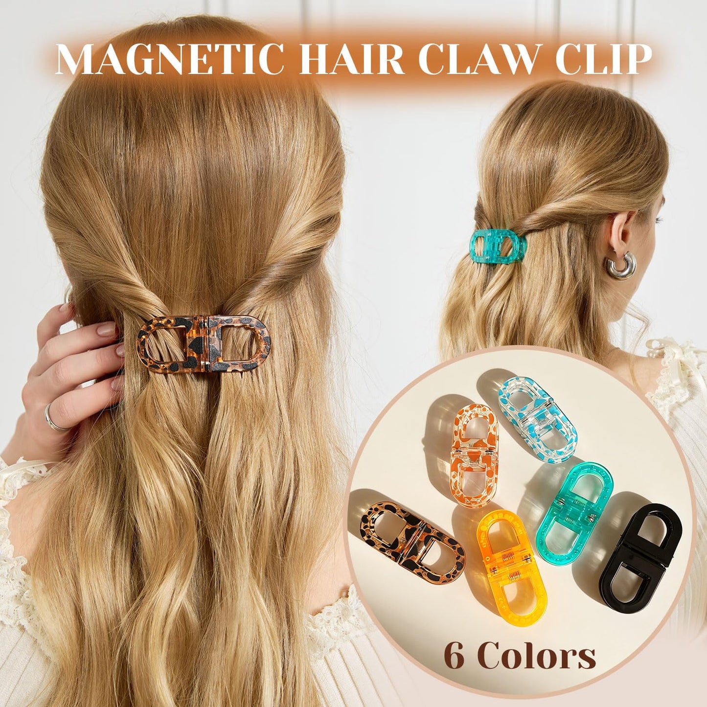 RCZETC Magnetic Hair Clips 2-Pack | Hair Clips for Styling & Thick Hair | Claw Clips & Barrettes for Women | Strong Hold Non-Slip No-Crease Hair Barrettes（Orange + Black）