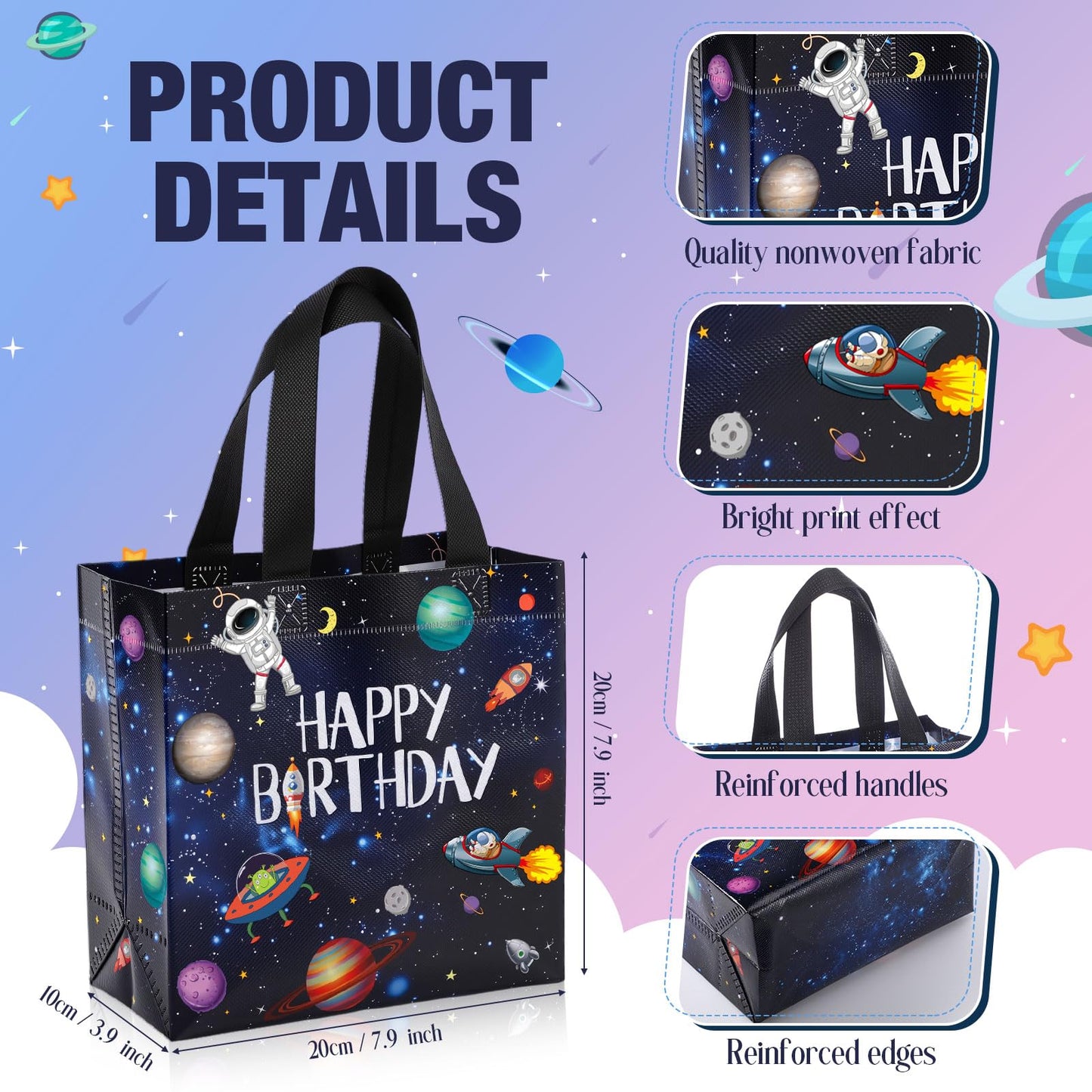 Tiamon 30 Pcs Outer Space Birthday Party Favor Bags Bulk Space Happy Birthday Gift Bags with Handles Reusable Non Woven Planet Goodie Treat Astronaut Present for Galactic Solar System Party Supplies