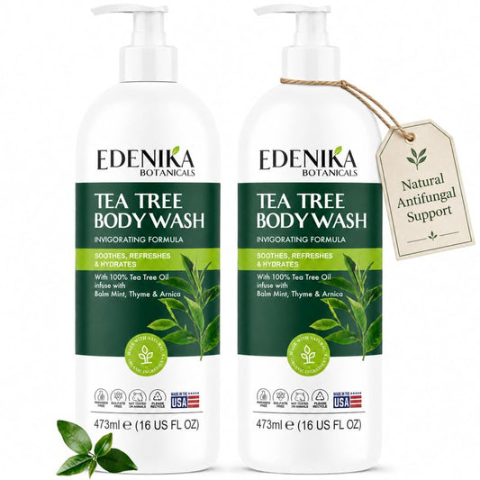 EDENIKA BOTANICALS Tea Tree Body Wash 16 fl oz (2 Pack) Natural Antifungal Support Wash for Athlete’s Foot, Ringworm & Jock Itch, Refreshes & Soothes, Organic Tea Tree Oil, Men & Women