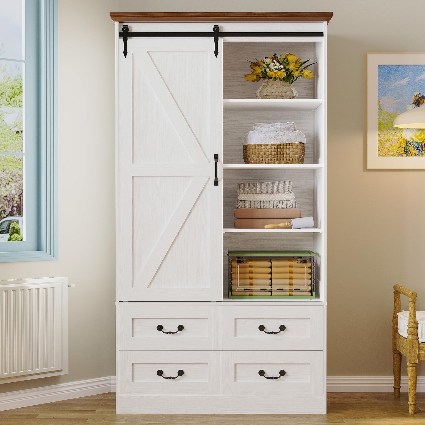IRONCK Armoire Wardrobe Closet with 4 Drawers,71" Wardrobe Cabinet with Sliding Barn Doors, Tall Clothing Storage Cabinet with Hanging Rod and Shelves for Bedroom, White