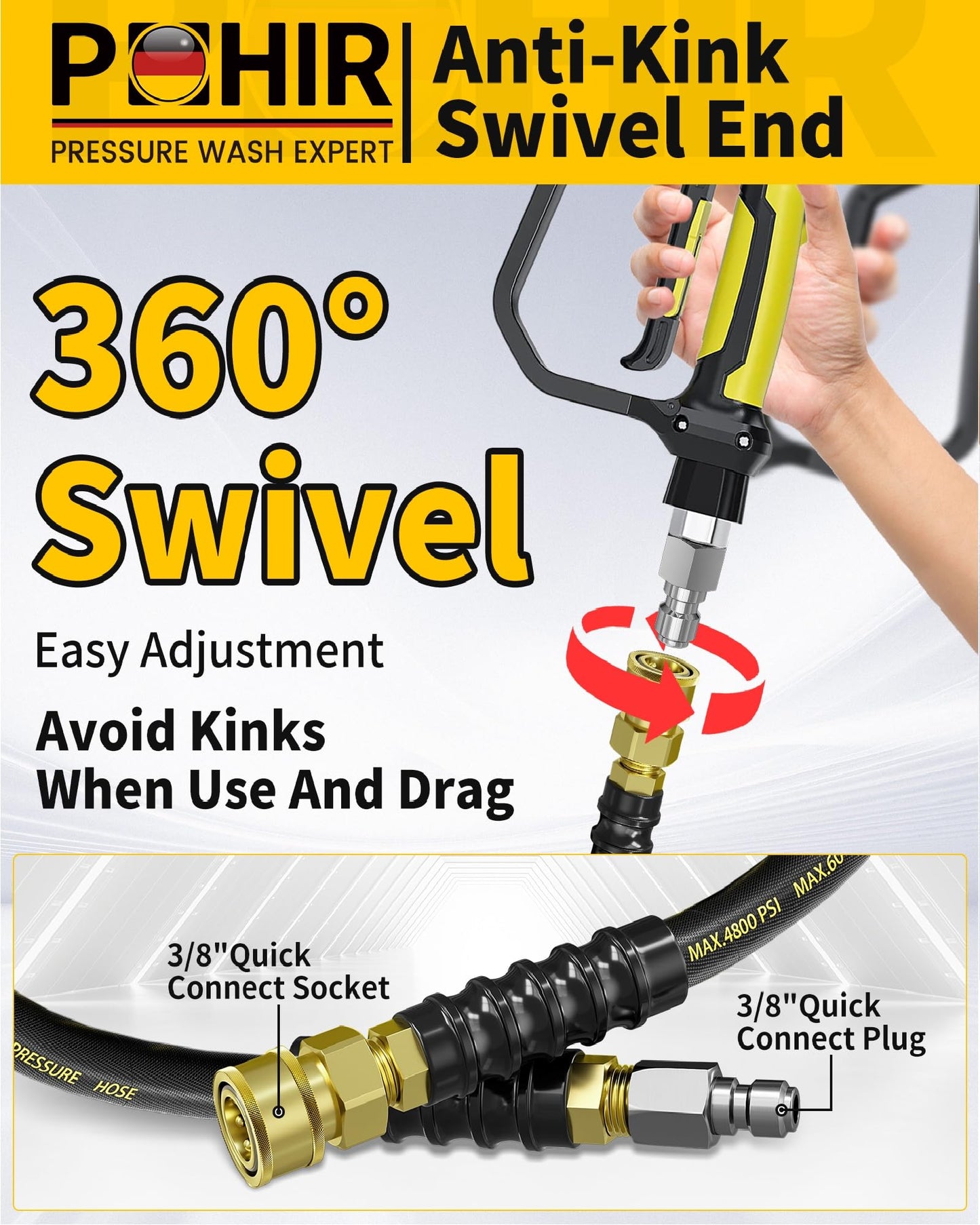 3/8" 200FT Pressure Washer Hose 4800PSI, Power Washer Hose Steel Wire Braided with Swivel Quick Connect, Commercial Grade Industrial High Pressure Water Washing Hose (4800PSI, 200FT)