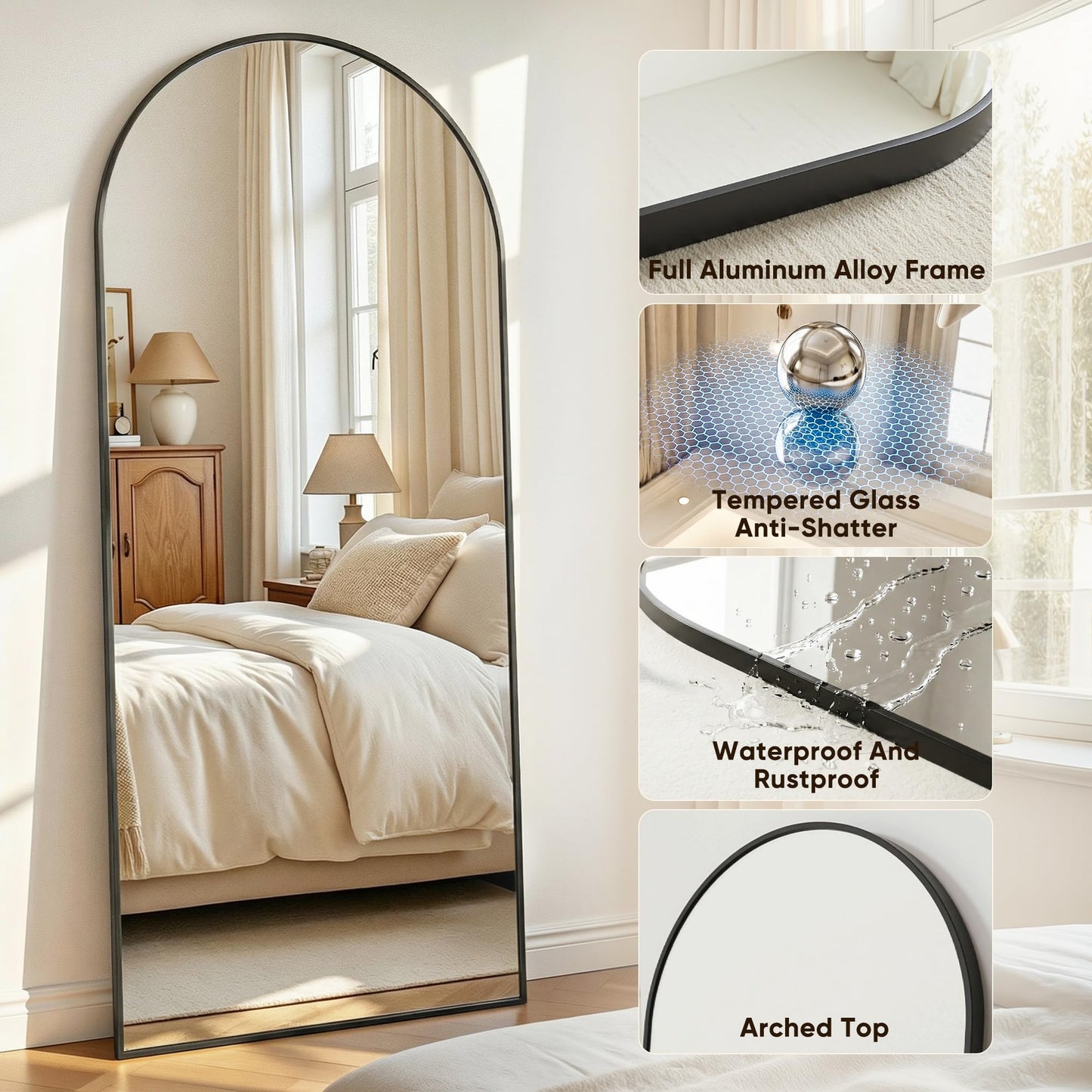 Antok Full Length Mirror, 81"x41" Floor Mirror with Stand, Hanging Mounted Mirrors for Bedroom, Living Room, Cloakroom, Dining Room, Black, Arched