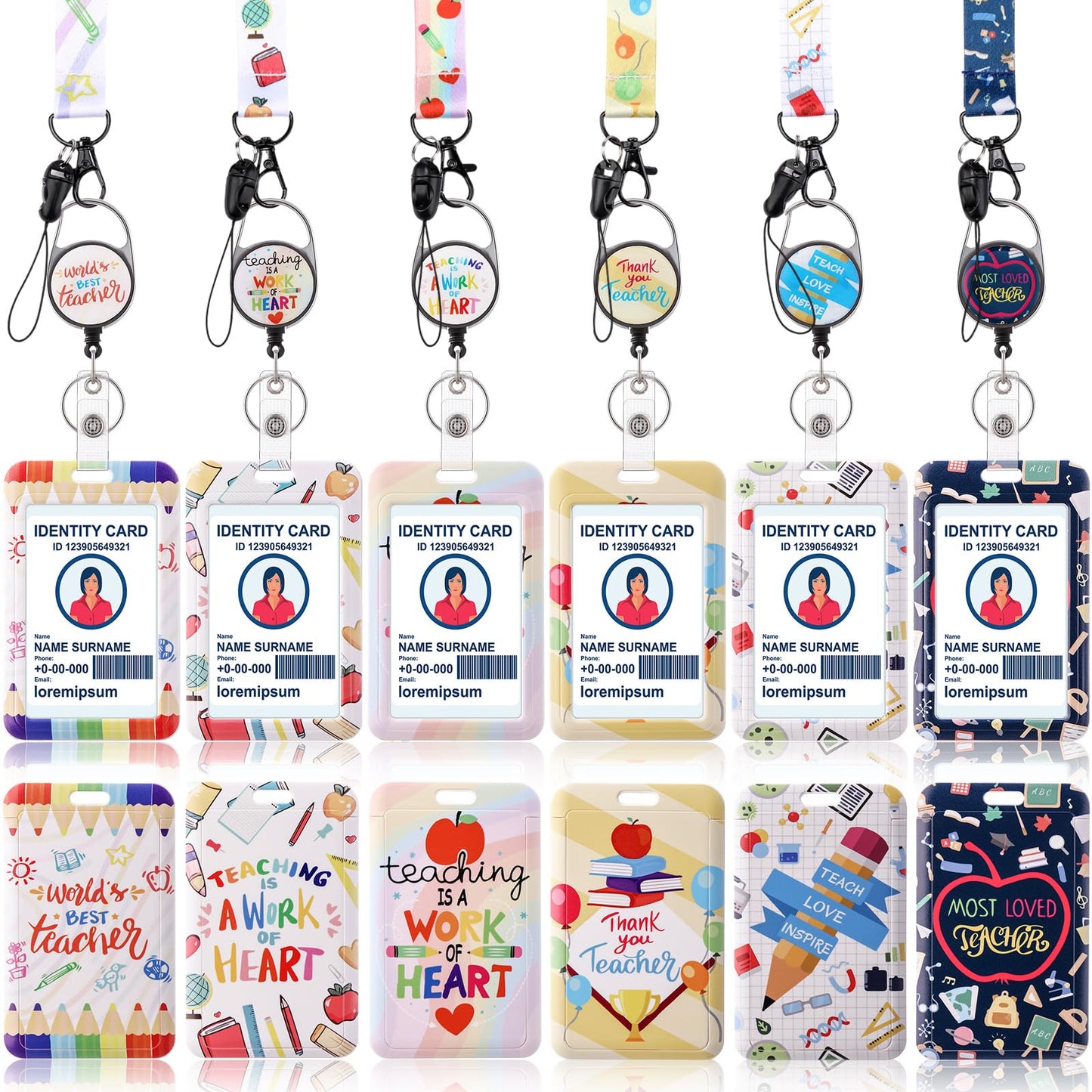 Geyoga 6 Pack Christmas Teacher ID Badge Holder with Breakaway Lanyard Pencil Book Cute ID Badges with Retractable Clip Card Holder Keychain for Women Christmas Gifts (Cute)