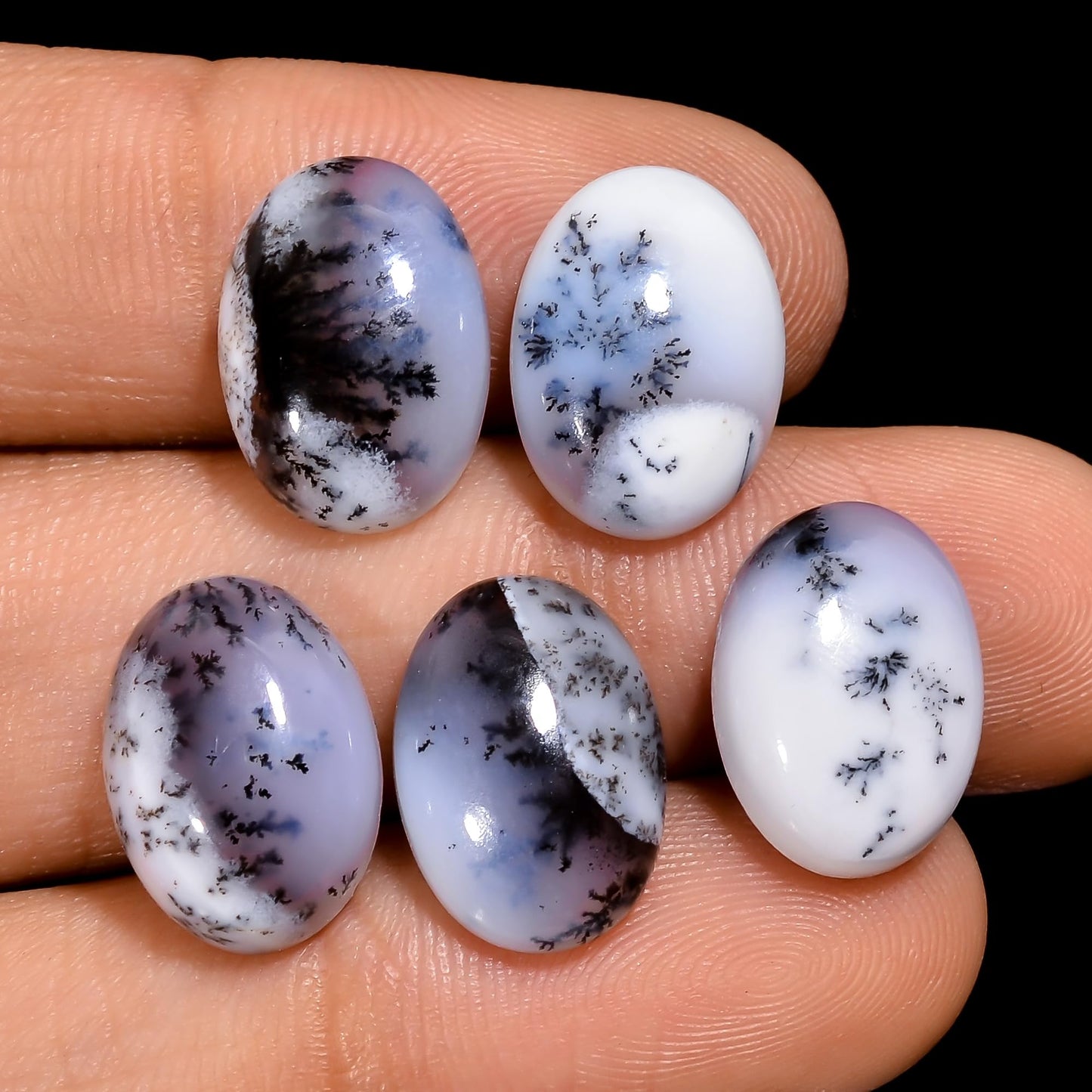 5 PCS, 10x8 mm, AURA GEMS Natural Dendrite Opal, Cabochon, Oval Shape, Jewelry Making Stone Supply, Chakra Energy Healing Gemstone, Real Crystal, Birthstone, Wholesale deal