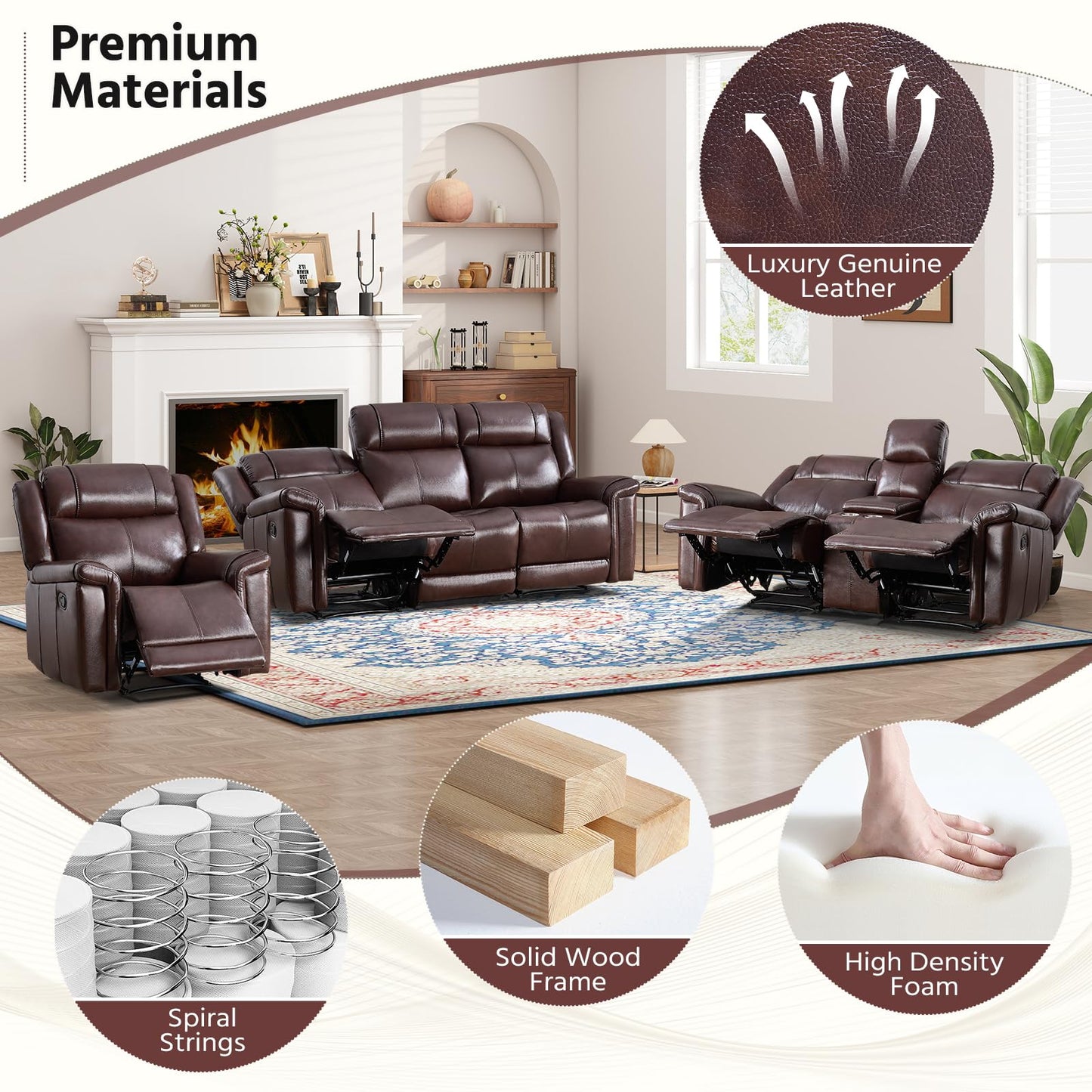 ANJ Geniune Leather Manual Loveseat Recliner Sofa Set of 2 with Center Console, Overstuffed 2-Seater Reclining Couch with Hidden Storage & Cup Holders, 2 Dual Recliner for Living Room, Rust Brown