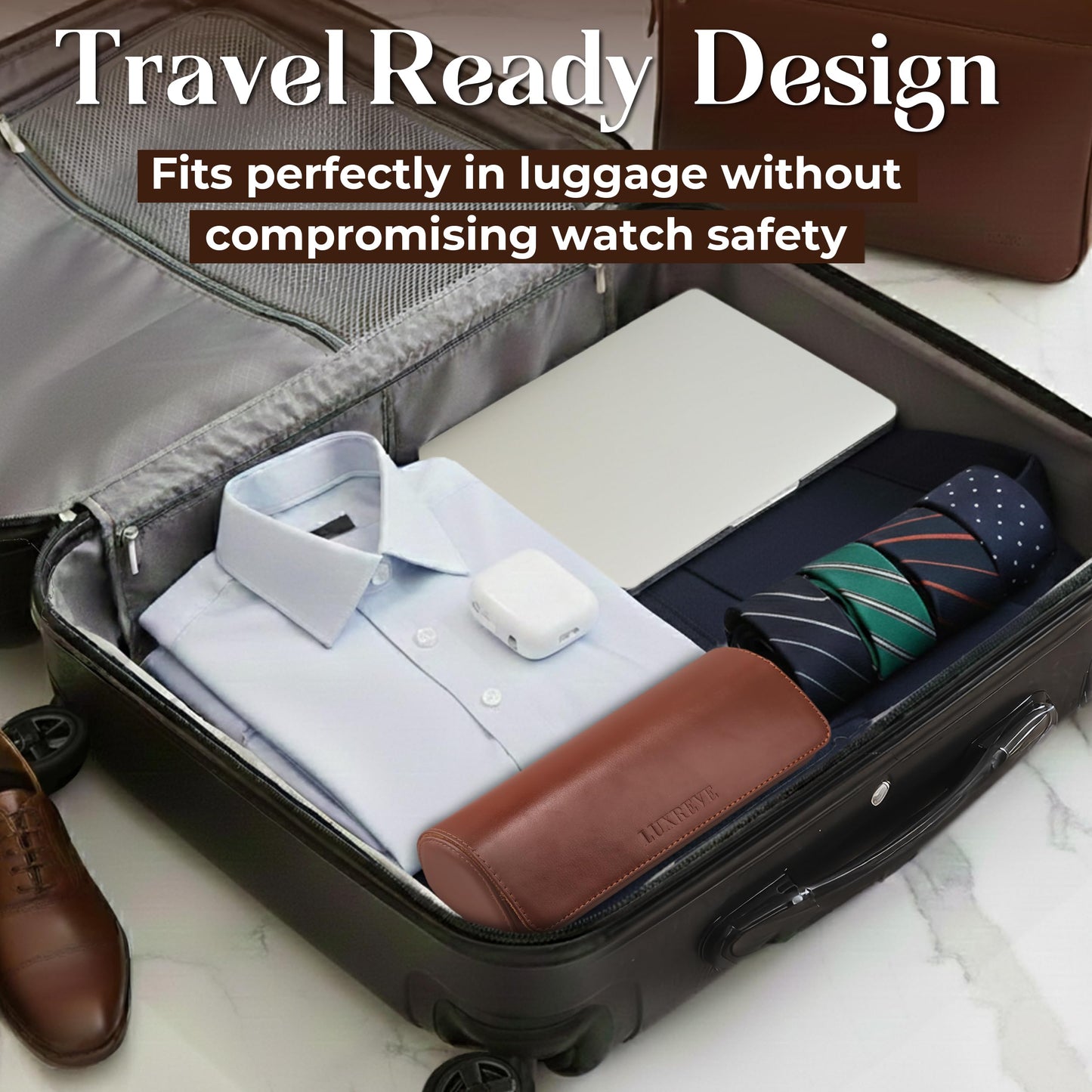 Lux Reve Travel Watch Case 3 slots - Bonus Pouch Included, Portable Watch Box & Home Storage, Gift-Ready, PU Leather Organizer, Angled Easy-Removal Cushions, Velvet Lining, Black