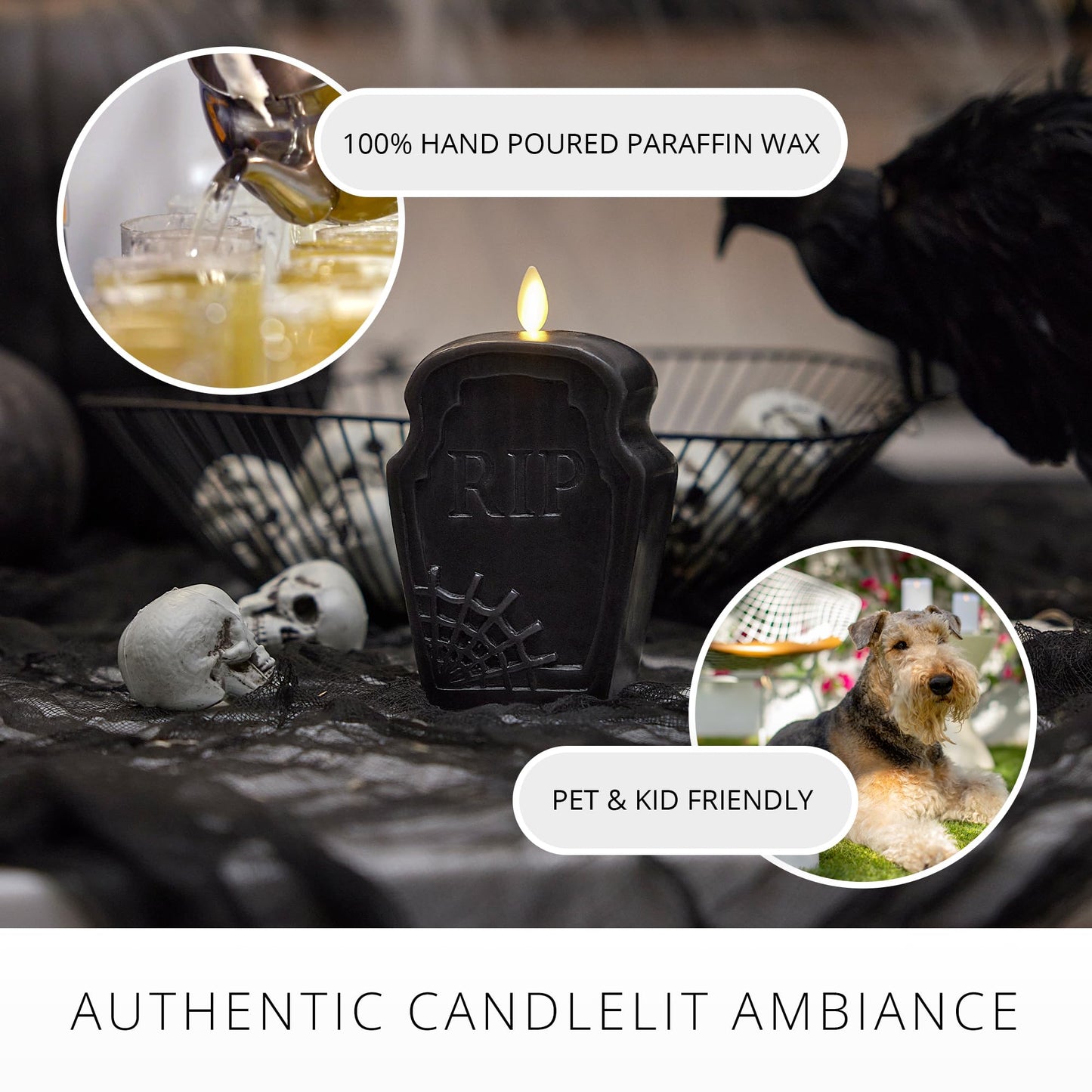 Luminara Black Flameless Candle RIP Tombstone Figural (2" x 5.5"") Moving Flame Battery Operated LED Candle Lights Halloween Decoration"