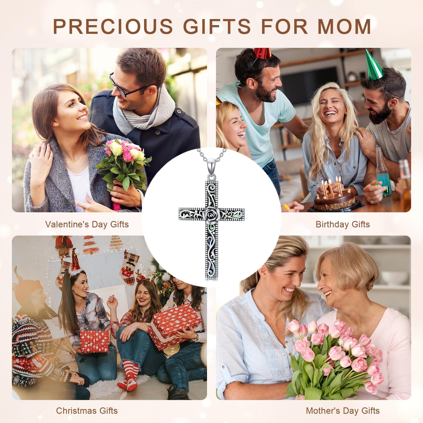 KoyeKei Rose Cross Necklace for Women 925 Sterling Silver Rose Flower Necklaces Pendant Filigree Christian Religious Faith Jewelry Mothers Day Graduation Gifts for Mom Wife Friend