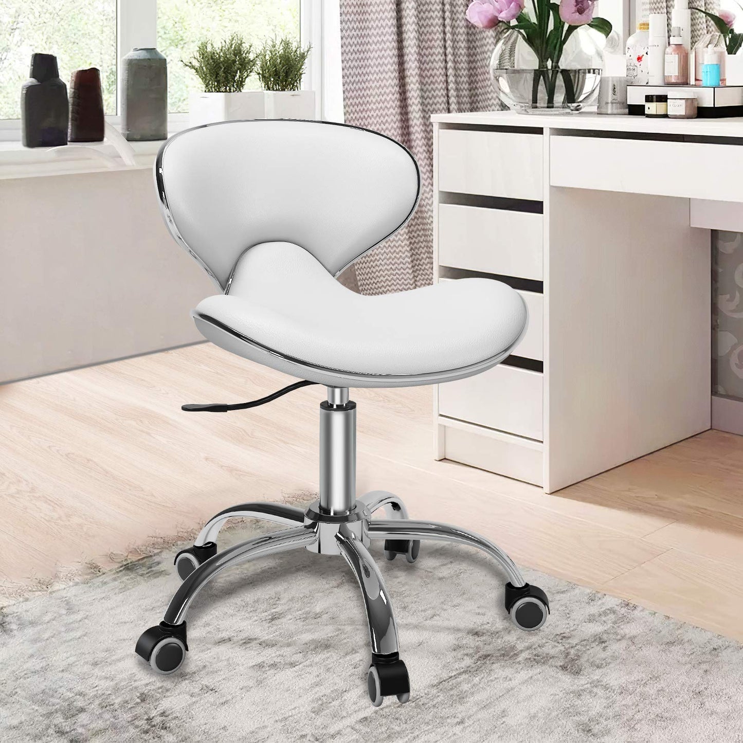 Adjustable Rolling Stool with Backrest,Drafting Spa Bar Medical Salon Tattoo Stool Chair with Wheels 360 Swivel,Heavy Duty,400lbs Weight Capacity,White