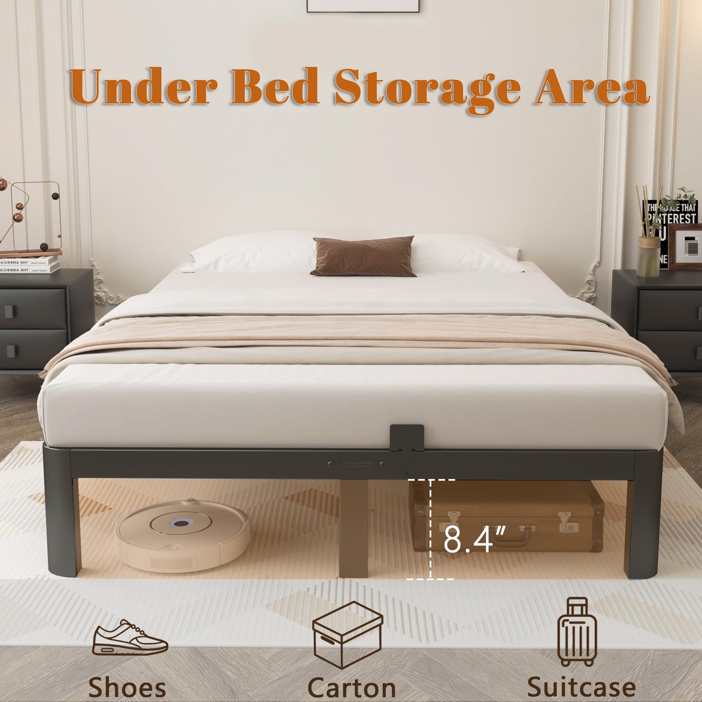 KOSOSO 10 Inch Queen Bed Frame, Black Bed Frame Queen Size with Metal Baffles, No Box Spring Needed, Heavy Duty Steel Platform Support, Rounded Corner Design, Reserved Holes, Storage Space, Noise Free