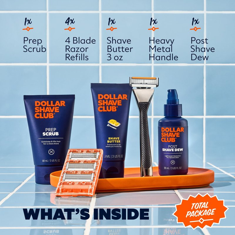 Dollar Shave Club | The Total Package Gift Set | 4 Swift Rinse Refill Cartridges, 1 Heavy Metal Handle, 1 Prep Scrub 3 ounce, 1 Shave Butter 3 ounce, 1 Post Shave Dew 3.4 ounce, Razors for Men