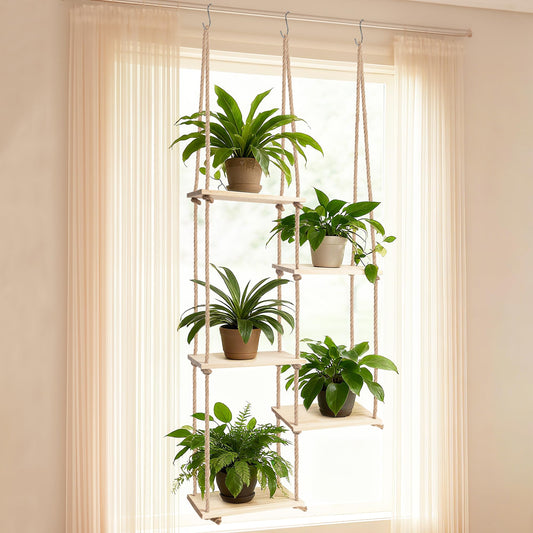 AIOWZZY Window Plant Shelves 5 Tier Hanging Plant Shelf for Indoor Plants 3-In-1 Ceiling Wall Curtain Rod Mounting Space-Saving Plant Holder for Living Room Wall Bedroom Home Decor