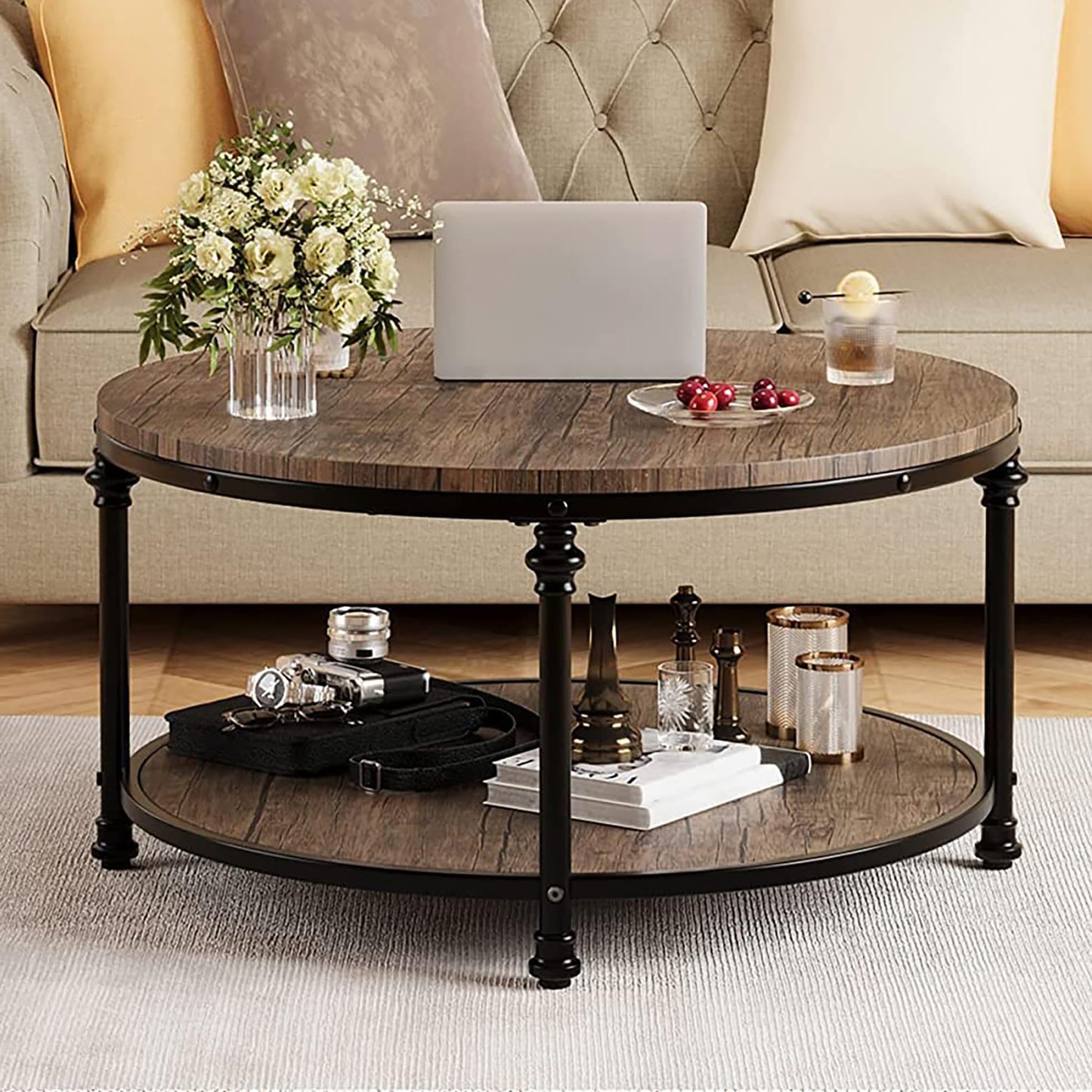 IDEALHOUSE Round Coffee Table for Living Room Rustic Center Table with Storage Shelf Wood Circle Coffee Table with Sturdy Metal Legs, Easy Assembly