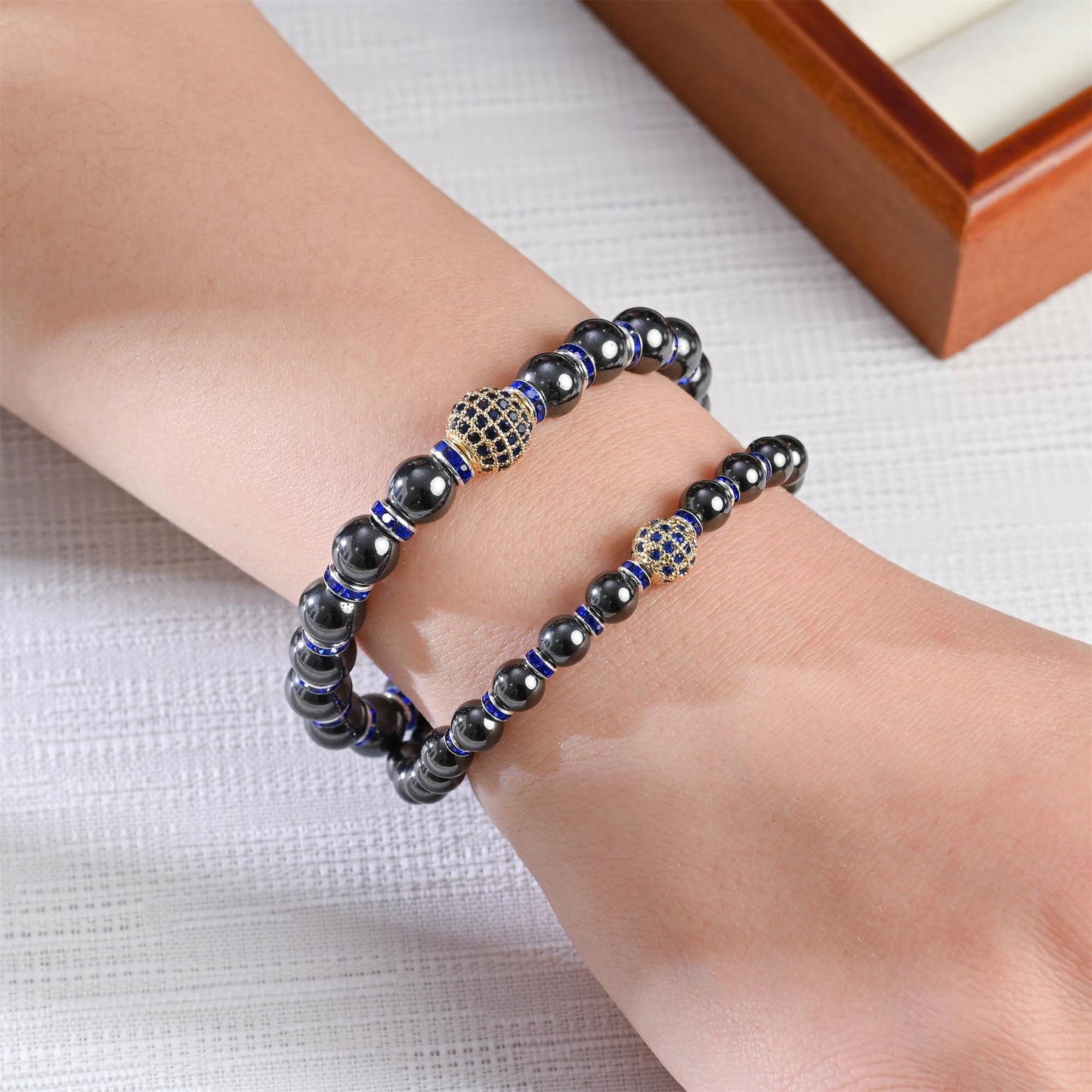 Apocalyptic-K Women's Magnetic Bracelet，Hematite Bracelets，Magnetic Bracelets With Zirconia,Handmade Stretch Bracelet，Eliminates static electricity. (8MM Blue &10MM Zirconia)