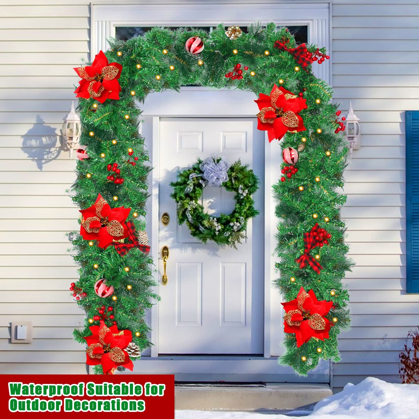 9FT Christmas Garland with 100 Lights Battery Operated,Artificial Prelit Garlands with Red Balls,Pine Cones,Cedar Branches,Christmas Decorations for Stairs Outdoor Indoor Holiday Home Fireplace Decor