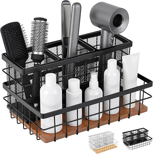 AceOrbit 1 Pcs 1pcs Hair Tool Organizer Countertop Breathable Metal Bamboo Hot Tools Vanity Organizer Under Sink Bathroom Hair Dryer Holder Countertop Brush Comb Holder Tray (Koa Wood,Black)