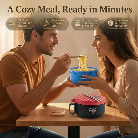 AI LOVE PEACE Ramen Bowls, 40 oz Large Microwavable Noodle Bowls (1 Blue, 1 Red) with Chopsticks, Sporks, and Utensil Bag, Portable Microwave Bowl for Home, Office, Dorm, or College Gift.