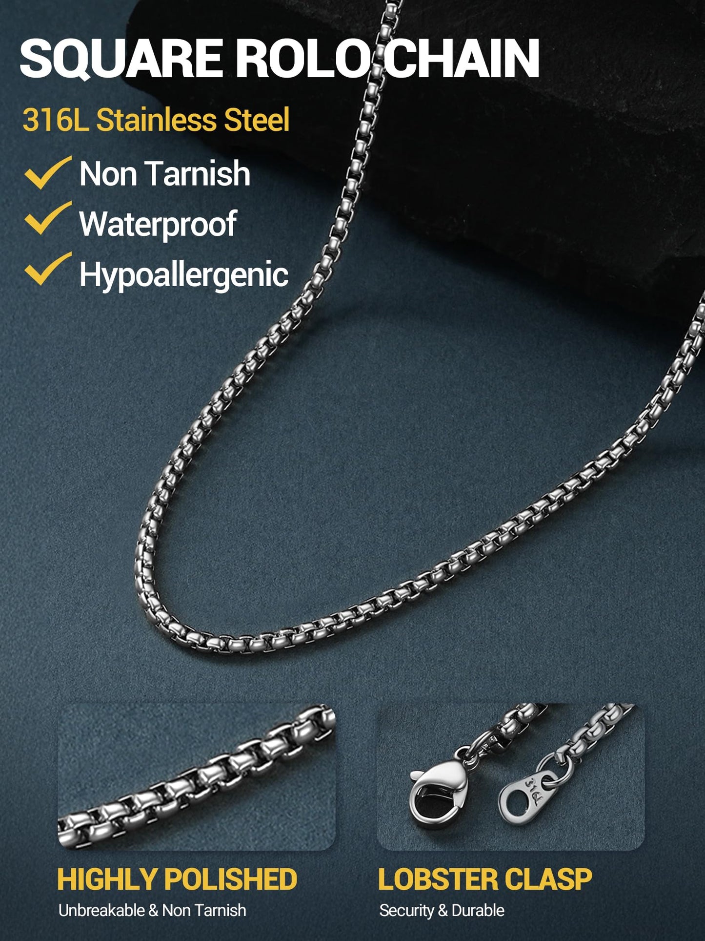PROSTEEL Squre Rolo Link Chains, Stainless Steel Chain Necklace Waterproof & Strong Lobster Clasp 3mm Link Chains for Men and Women Jewelry with Gift Box 20in