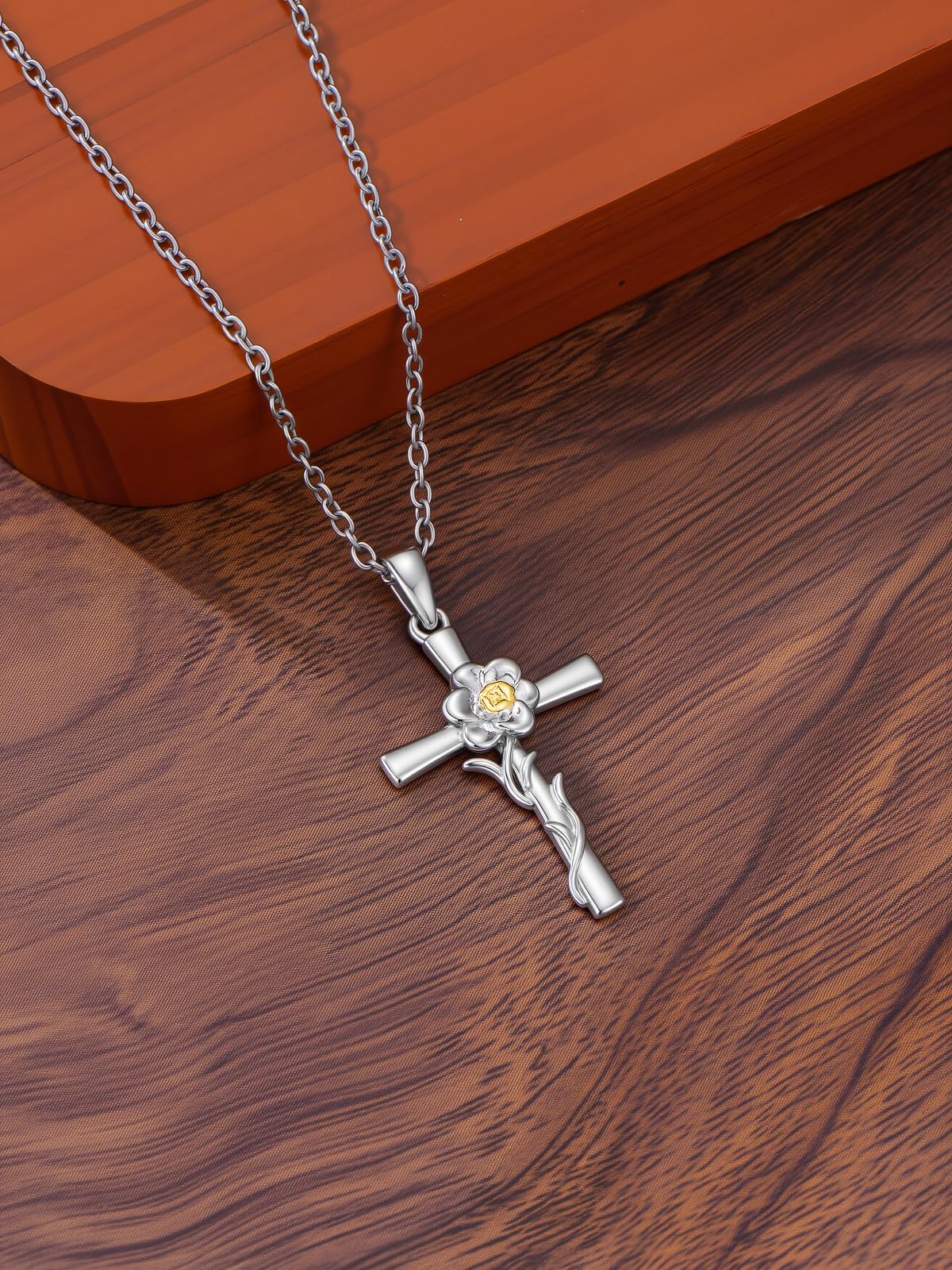 Cargari Daffodil Necklace for Women Sterling Silver Daffodil Cross Pendant Birth Flower Cross Necklace Jewelry Gifts for Women