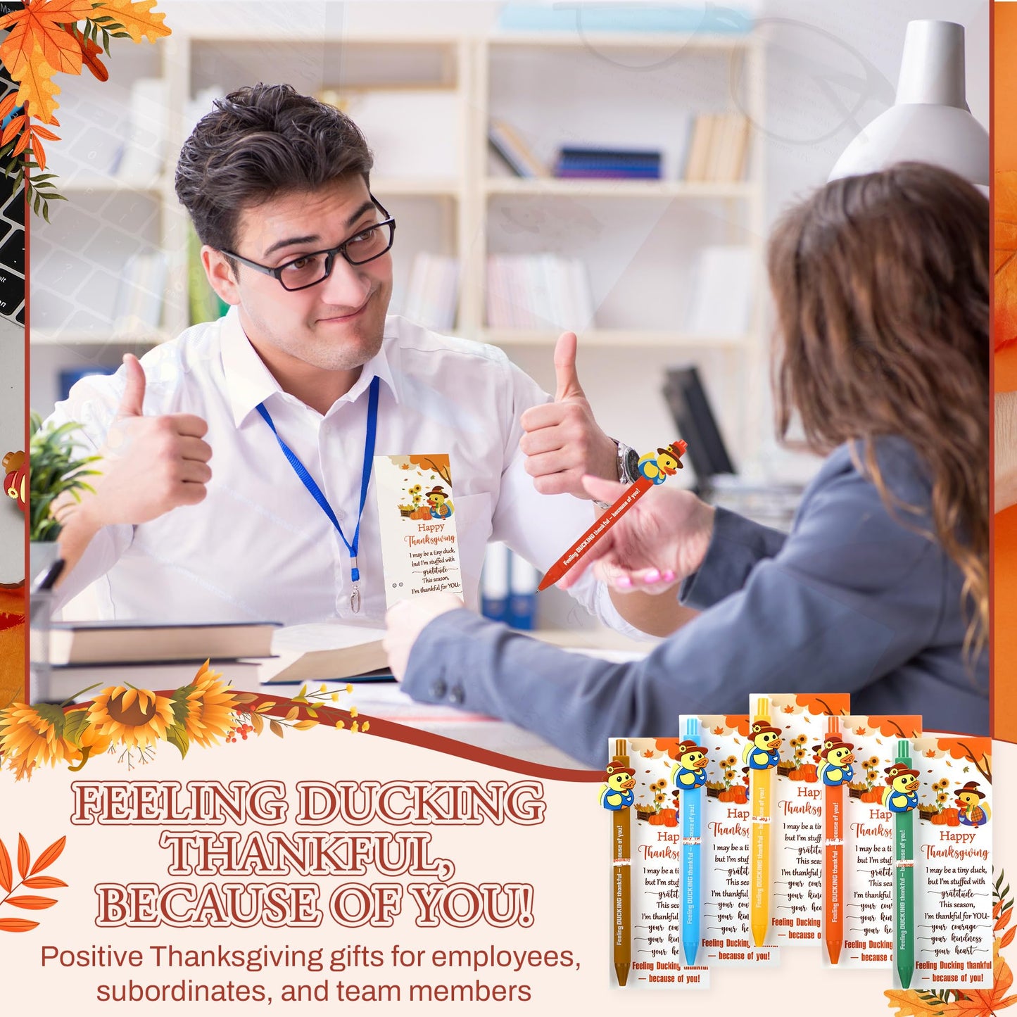 Sinload 50 Sets Thanksgiving Gifts Bulk Fall Appreciation Pens Gifts with Scarecrow Rubber Duck Pen Fall Season Thank You Greeting Card Thanksgiving Party Favor for Classroom Employee Coworker