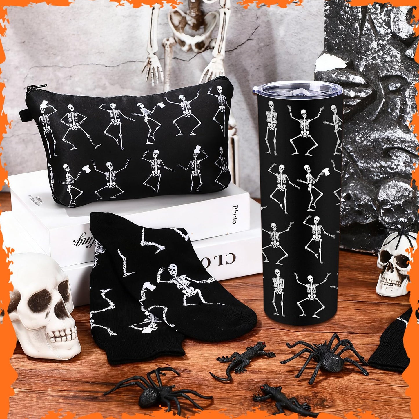 Geiserailie Halloween Goth Gifts Set Dancing Skeleton Insulated Tumbler with Lid and Straw Skull Makeup Bag and Skeleton Crew Socks Unisex Dress Socks Gift for Halloween Party, Friends, Sister, Mom