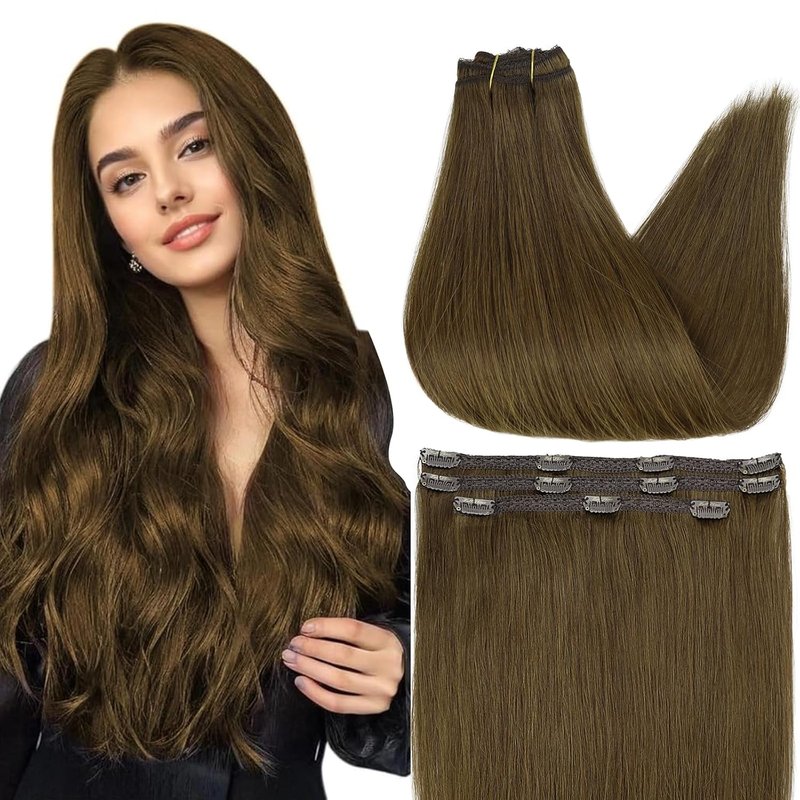 Brown Human Hair Extensions - 16 Inch Clip-In Remy Hair, Straight & Natural | 60 Grams, Medium Brown, 3 Pcs