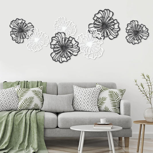 7 Piece Metal Wall Decor for Living Room, Boho Double Layered Iron Flower Wall Hanging Art, Aesthetic Indoor Metal Wall Sculpture Decor for Bedroom Kitchen Bathroom Farmhouse Home Office, Black-White