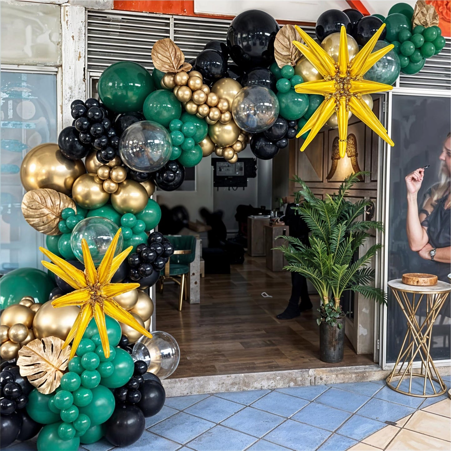 Dark Green and Black Balloon Arch Kit with Explosion Star Balloons, 123pcs Emerald Green and Confetti Gold Balloon Garland for Birthday Anniversary Bachelorette Grad Father's Day Party Decorations