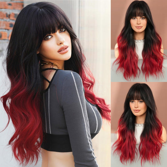 7JHH WIGS Long Wavy Wigs with Bangs 25in Black Ombre Red Synthetic Wig Heart Resiatant Wigs for Women Daily Party Cosplay Used