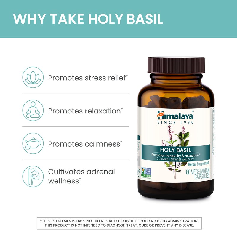 Himalaya Holy Basil Capsules-Herbal Adrenal Support for Stress Relief, Reduce Cortisol, Relaxation, Energy Support and Occasional Sleeplessness - Vegan, Non-GMO, Gluten Free, 720 mg, 120 Capsules