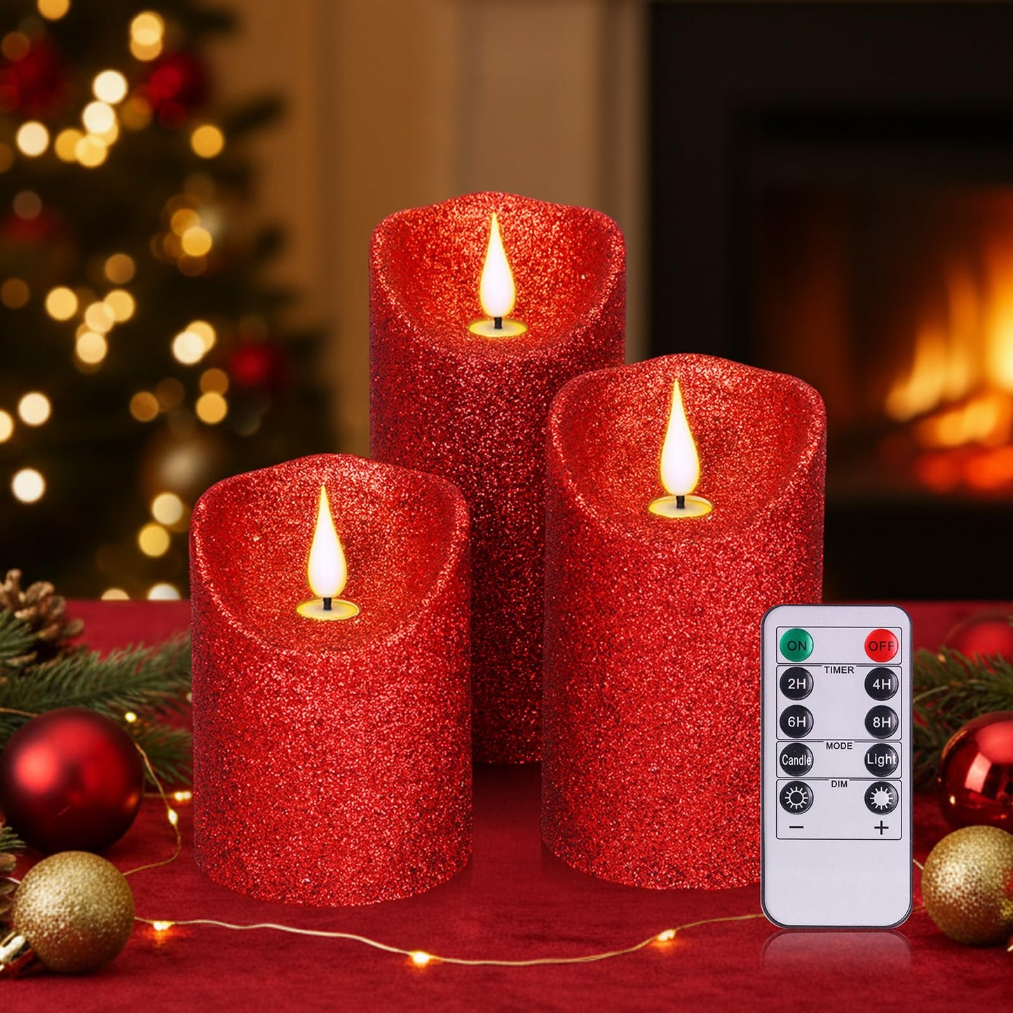 Retisee Set of 3 Valentines Glitter Flameless Candles, 4" 5"" 6"" Burgundy Red Operated Battery Pillar Candles Flickering Real Wax LED Candle with Remote and Timer for Valentines Home Table Centerpiece"