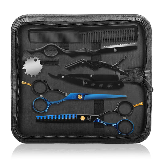 Ethyxe Hair Cutting Shears Sets - Professional 9 PCS Haircut Scissors Kit with 6.5" Thinning/Texturizing Scissors (29 Teeth) and Straight Shears for Men Women Home Salon (Black & Blue)