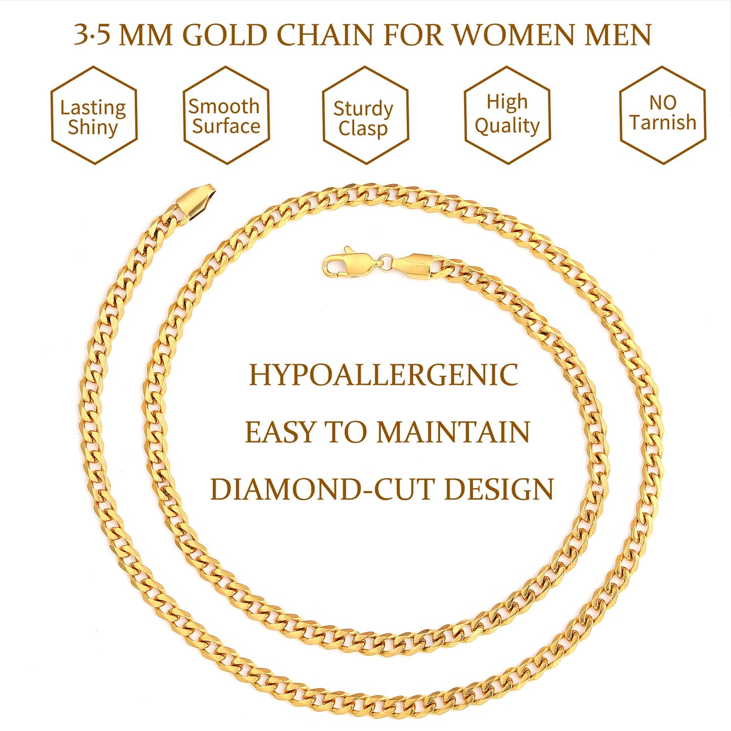 Fiusem 3.5mm Gold Chains for Men, 18K Gold Plated Mens Necklace Chains, Stainless Steel Cuban Link Chain Necklace for Men and Women, Mens Chains 24 Inch