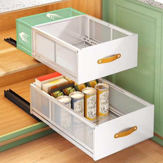 Pull out Cabinet Organizer, Expandable Depth(15.7"-21.7") with Raising Pad for Framed Cabinets, Heavy Duty Slide out Drawers, Adhesive Roll Out Shelves for Kitchen, Pantry Storage(White, 1-Pack)