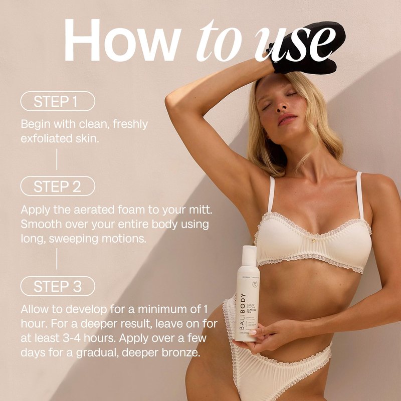 BALI BODY Clear 1 Hour Express Self Tanner – Fast-Acting, Weightless Self Tanner for Natural Bronze – No-Transfer, Hydrating Quick Tan Mousse for Smooth, Radiant Skin
