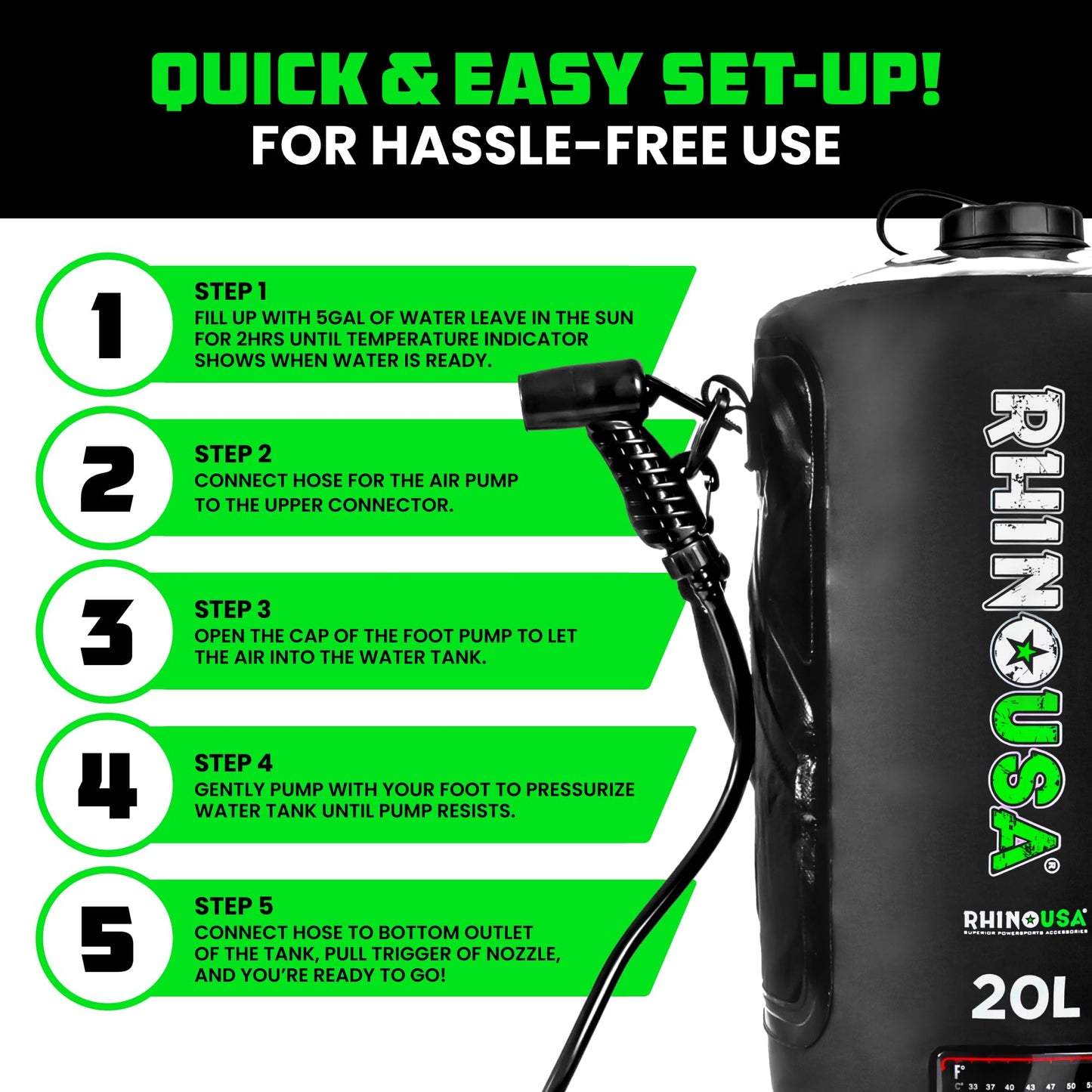 Rhino USA 5 Gal / 20L Portable Solar Camp Shower - Essential for Camping, Festivals, Overlanding, Beach Trips, Outdoor Shower and more!