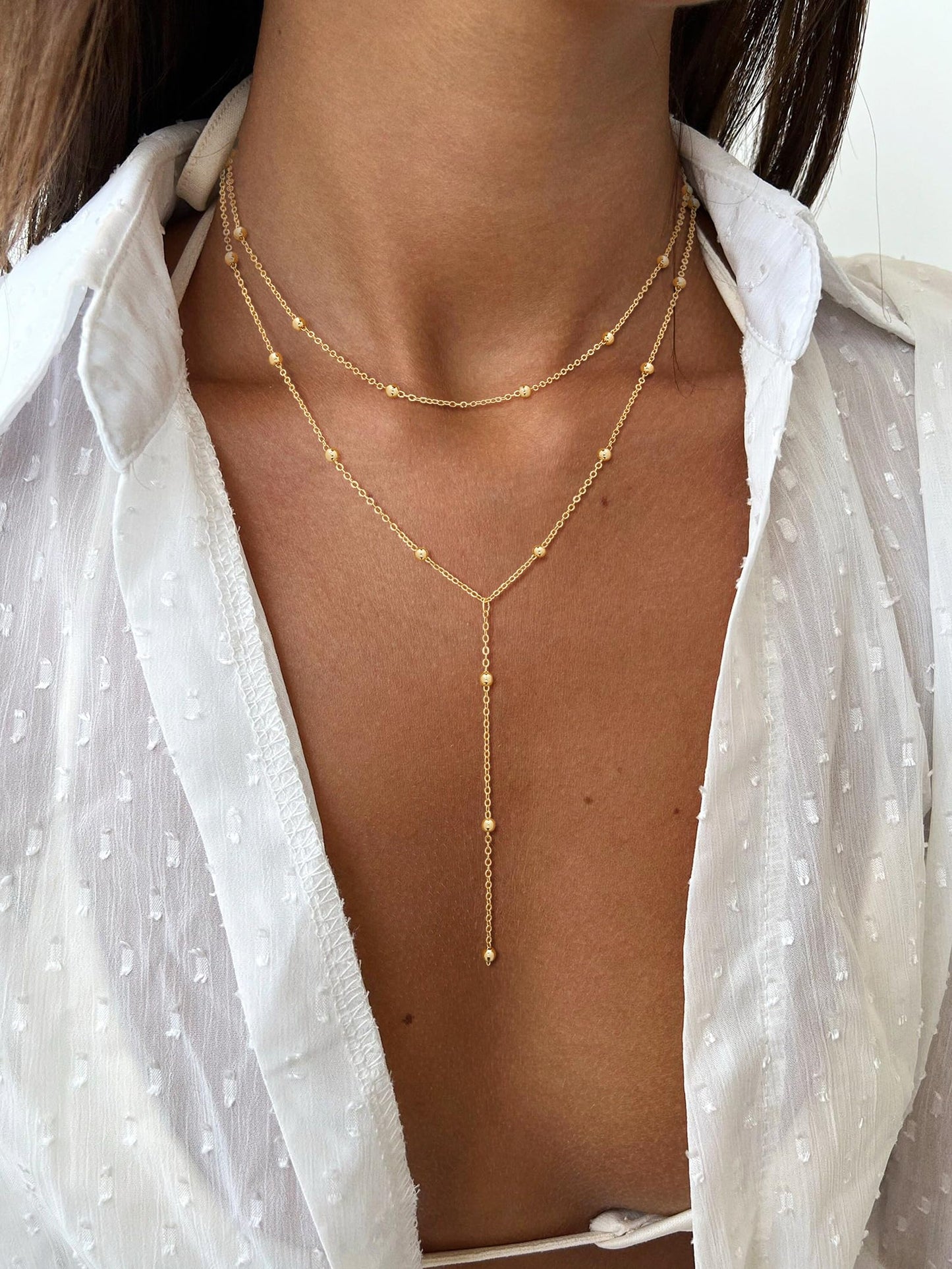 JIKASI Lariat Gold Necklaces for Women Trendy Dainty Long Necklace 14k Gold Plated Layered Drop Rosary Beaded Chain Necklaces Y-Shaped Pendant Necklace Simple Gold Jewelry Gifts