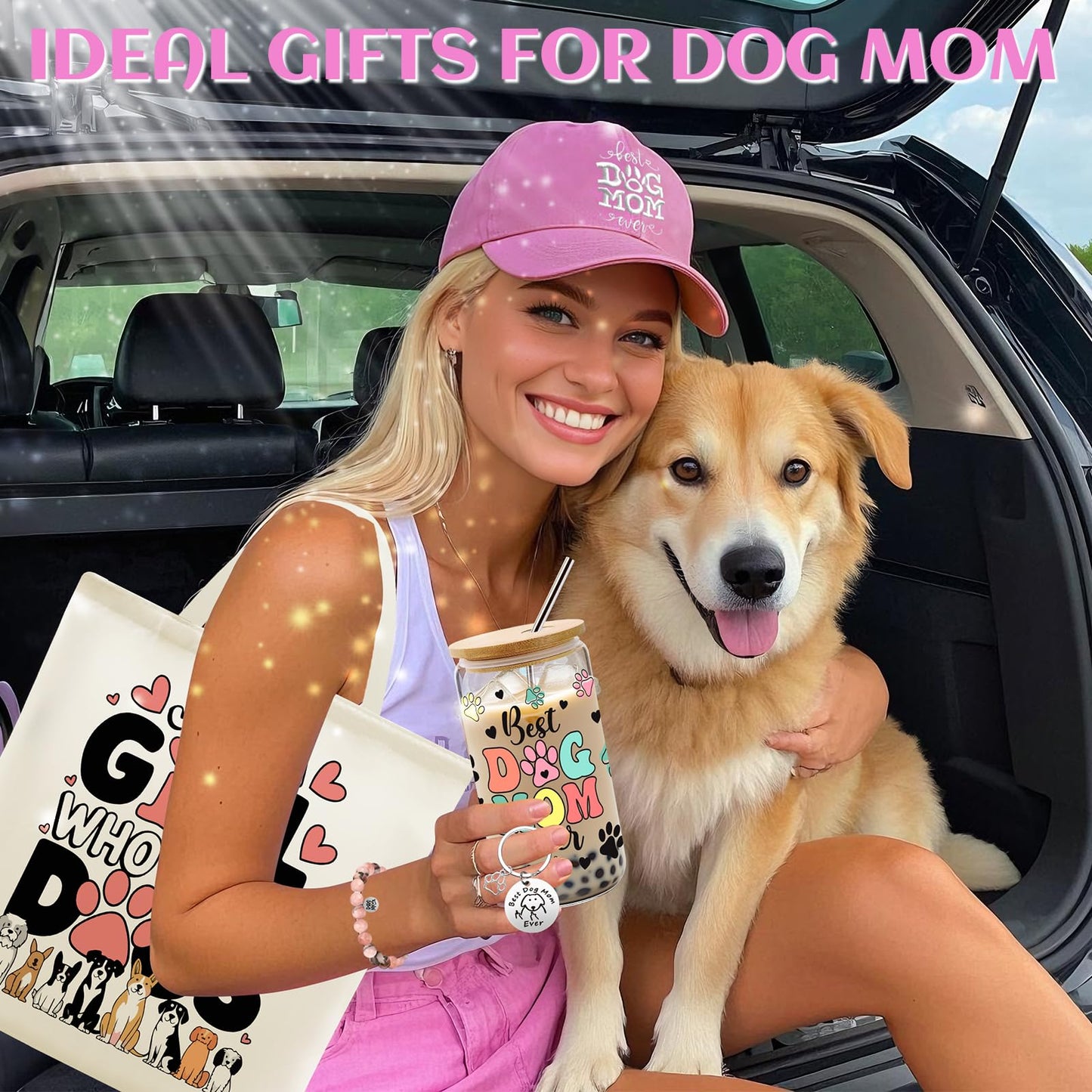 9 Pieces Dog Mom Gifts for Women, Best Dog Lovers Gifts for Women with 16oz Glass Cup, Baseball Cap, Tote Bag, Makeup Bag, Socks, Bracelet, Keychain for Dog Lover Birthday Christmas Mothers Day Gift
