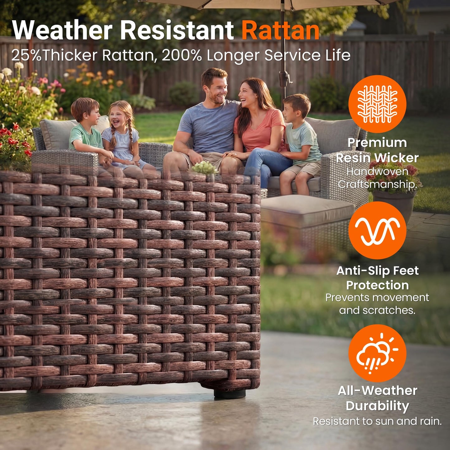 Wisteria Lane Patio Furniture Set, Wicker Outside Outdoor Furniture for All Weather, Patio Sofa with High Backrest Support and Wide Armrest for Backyard, Balcony, Deck, Porch, Brown