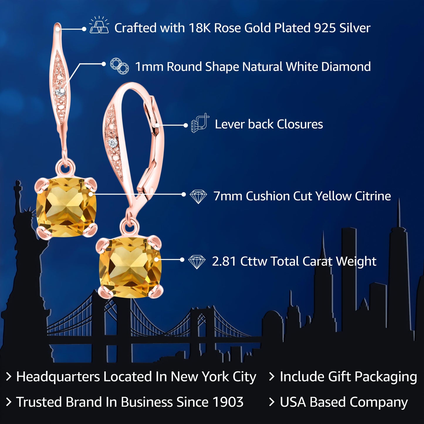 Gem Stone King Drop Dangle Earrings For Women | 7MM Cushion Cut Gemstone Birthstone and Diamond | 925 Sterling Silver | Jewelry Gift for Mom Wife Her | Citrine-November | Rose Gold