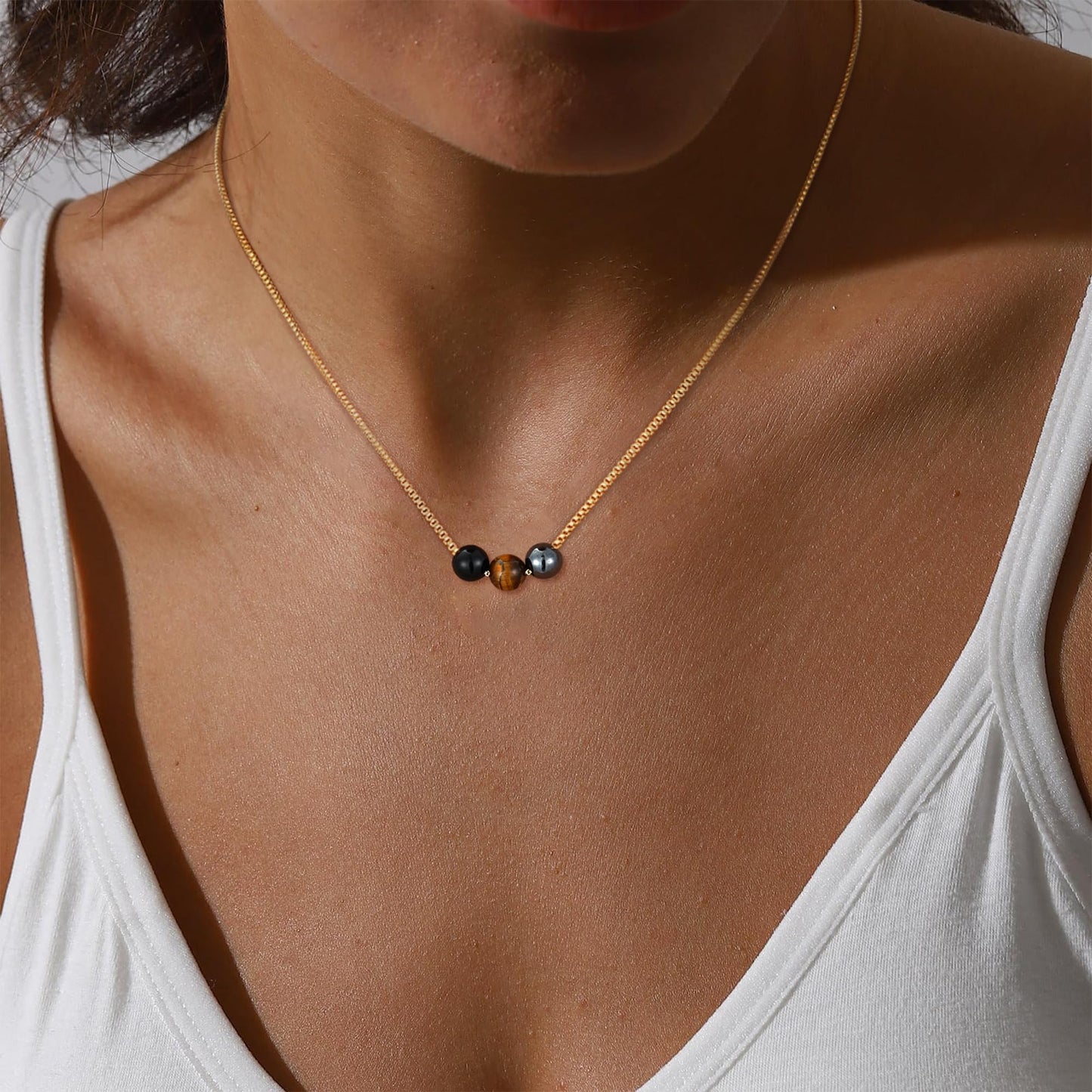 Suarlly Healing Crystal Necklace for Women 14k Plated Gold Beaded Necklace Tiger Eyes Anxiety Relief Triple Protection Gifts for Friends Sister Mom Daughter Jewelry