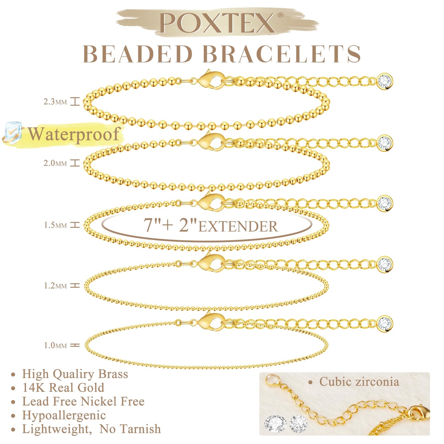 Poxtex Gold Plated Beaded Bracelets for Women No Tarnish Gold Plated Waterpoof Dainty Bracelets Set 7”+2” Adjustable Layered Bracelets for Women Trendy Stackable bracelets for Women Jewelry Gifts