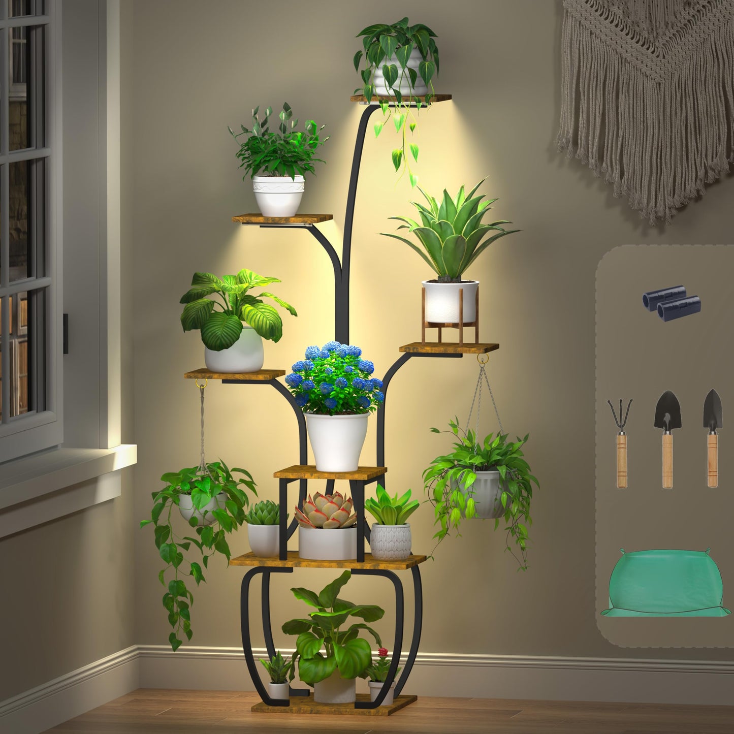 YIIHEERR Plant Stand Indoor with Grow Lights, 7 Tiered 55" Tall Plant Shelf, Heavy Duty Metal Corner Flower Pot Holder Rack, Multi-Tiered Display Organizer with Gardening Tools